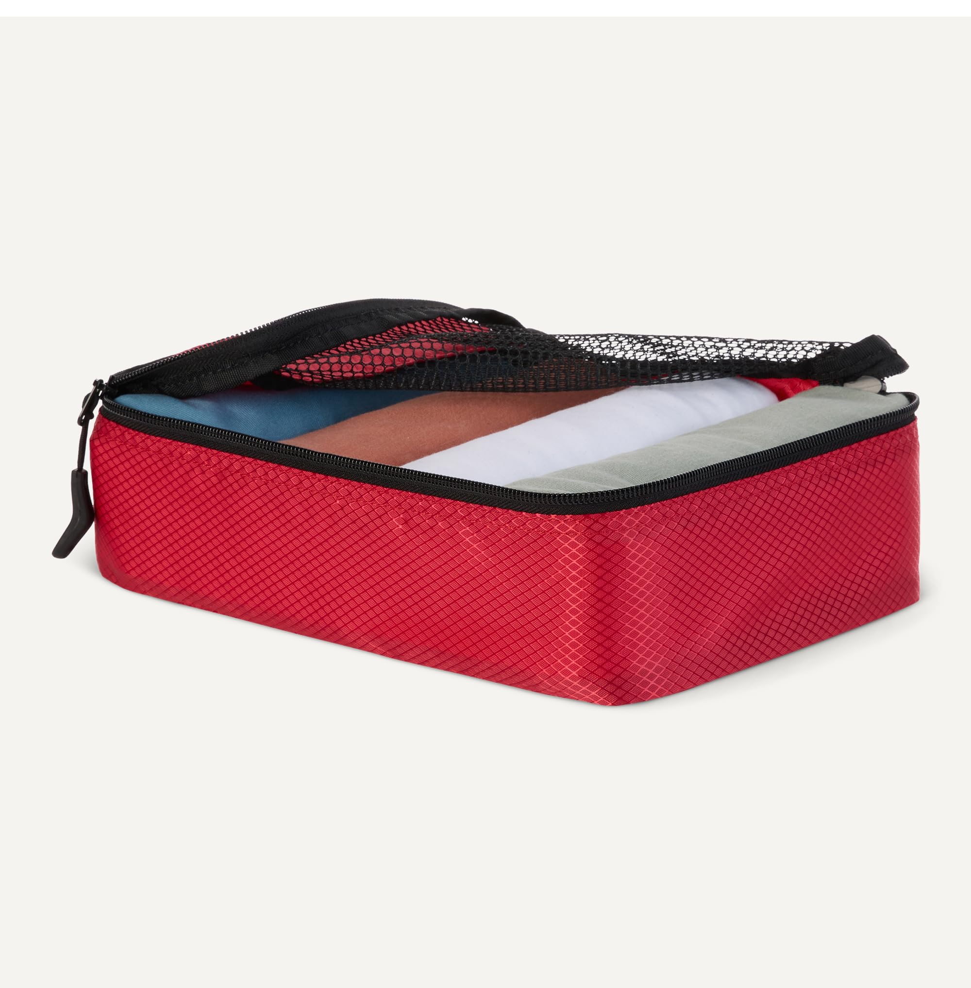 Amazon Essentials Juego de 4 Cubos para Viaje, Organizador de Equipaje con Doble Cremallera, Parte Superior de Malla, Poliéster, Pequeño, Rojo (Antes Amazon Basics)