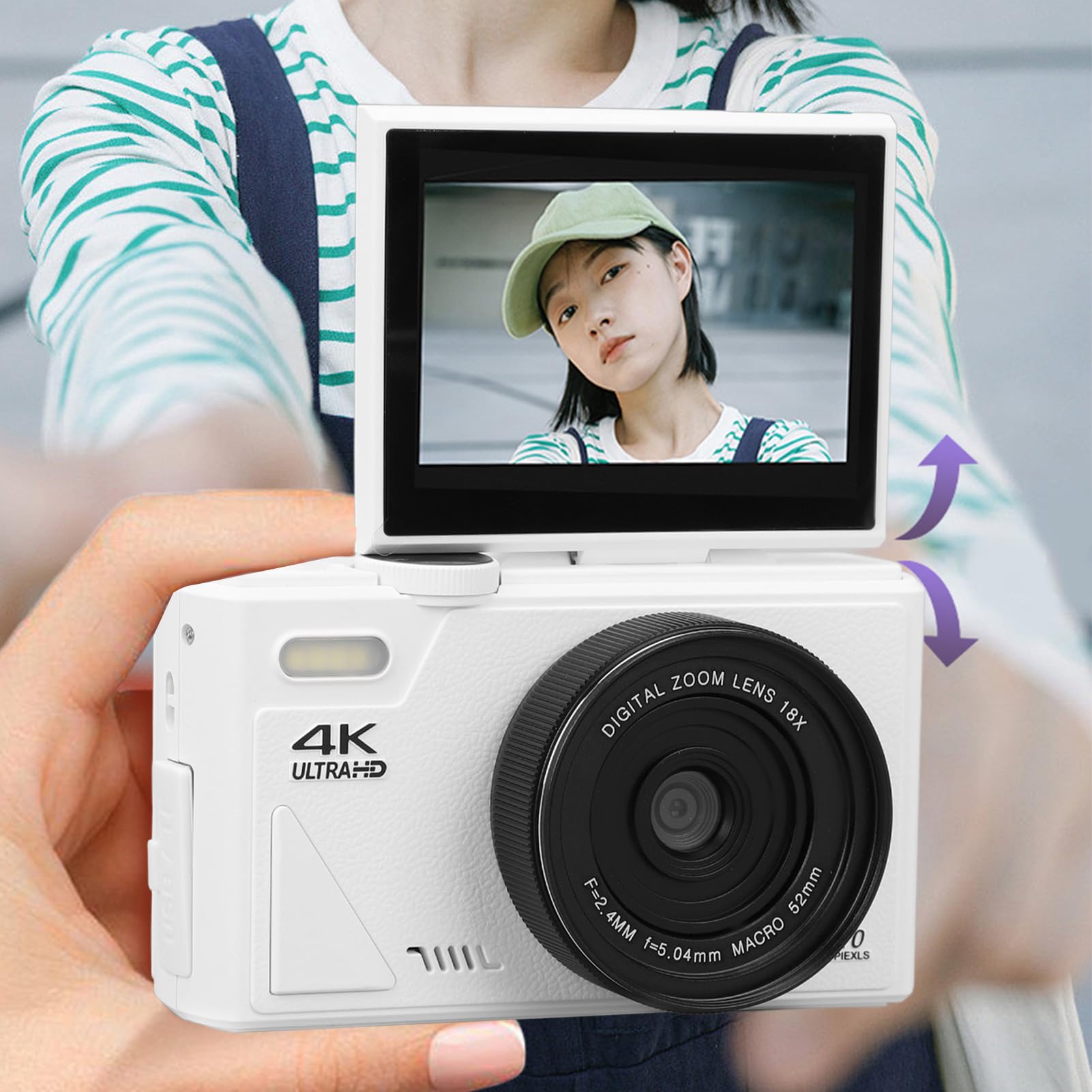 Cámara Digital 4K, UHD 64MP Cámara de Vlogging con Enfoque Automático con Zoom de 18X, Cámara Pequeña Compacta con Pantalla Abatible de 3 Pulgadas para Niños y Niñas, para (White)