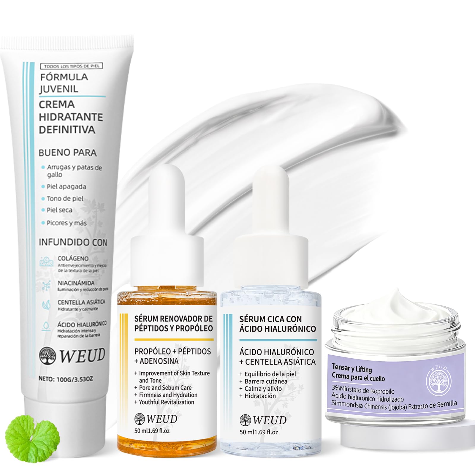 WEUD Skin Care Coreano 4 En 1 Kit, con 1 Crema Hidratante Niacinamida + 1 Crema para Cuello + 1 Serum Centella Asiatica + 1 Serum Péptidos Propóleo, Hidrata, Ilumina, Reduce Líneas Finas y Marcas de Acné
