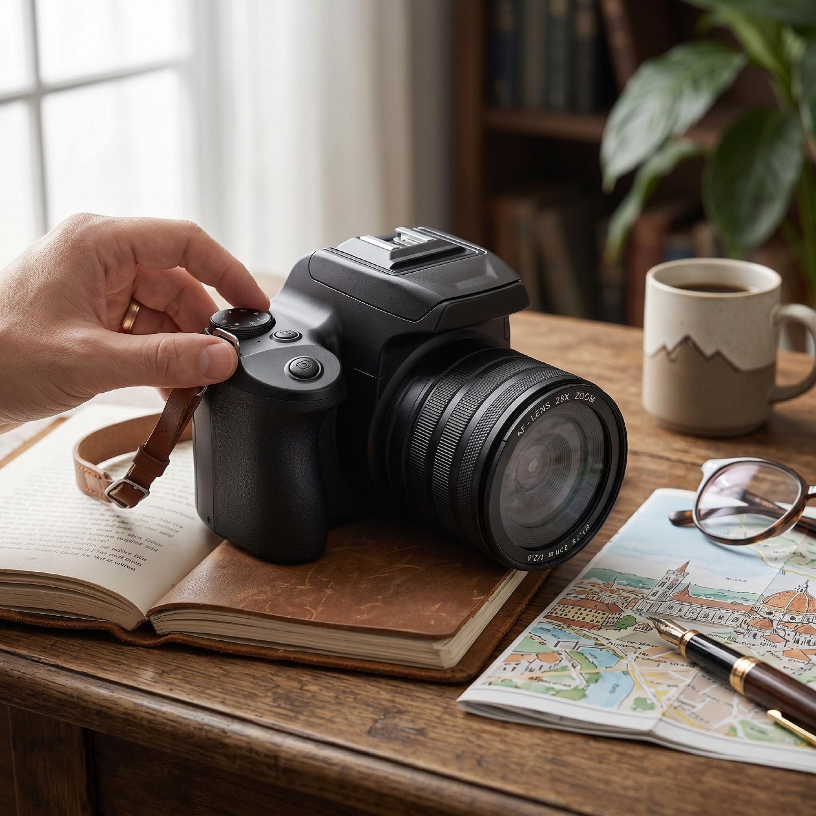 Fockety Cámara réflex Digital, Pantalla 2.8 Pulgadas, cámara Digital 4K con Pantalla abatible 180° y Flash, Enfoque automático, Zoom 28x para Adolescentes Principiantes en fotografía