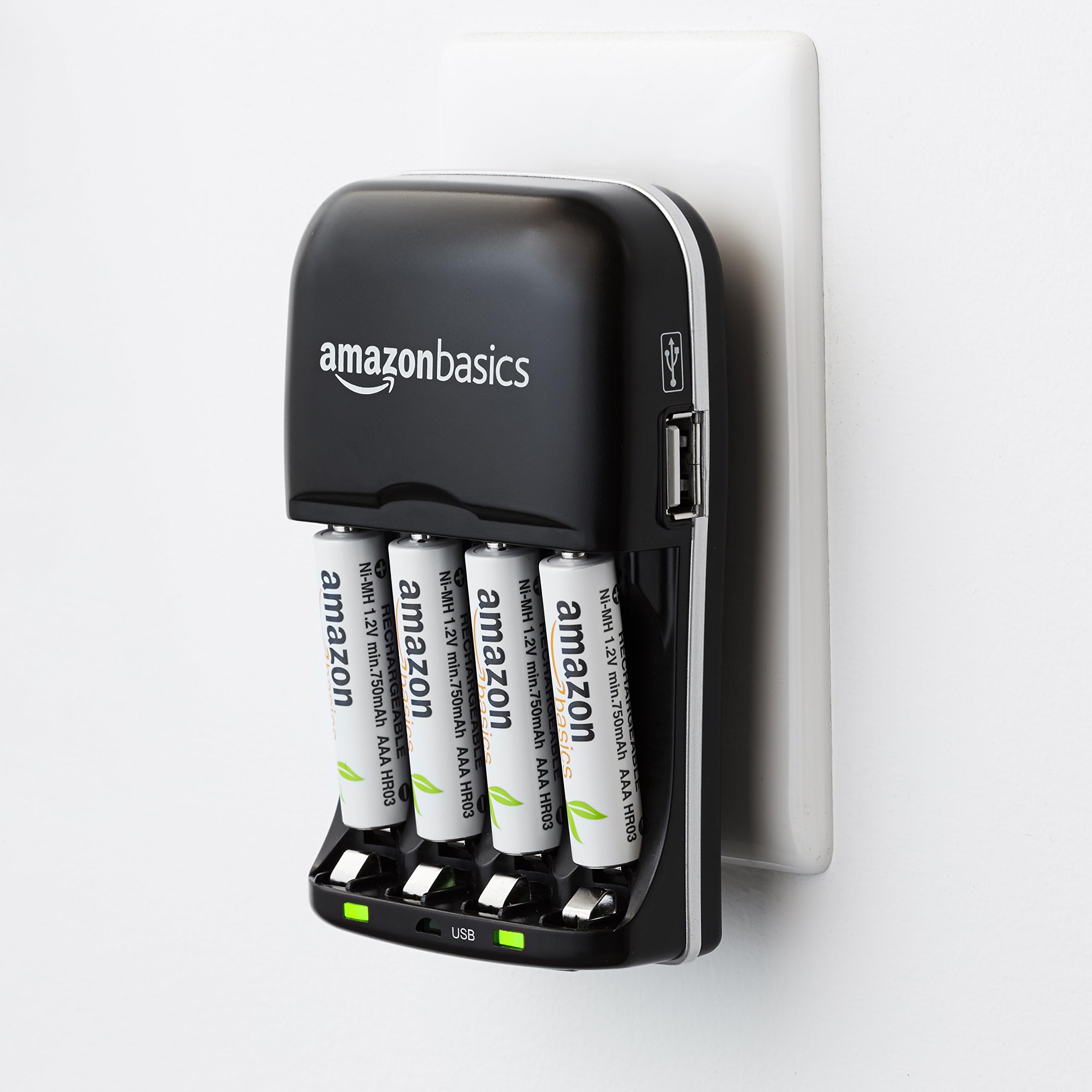 Amazon Basics - Cargador de batería recargable para pilas AA y AAA de hidruro de níquel-metal (NiMH) con puerto de carga USB, color negro