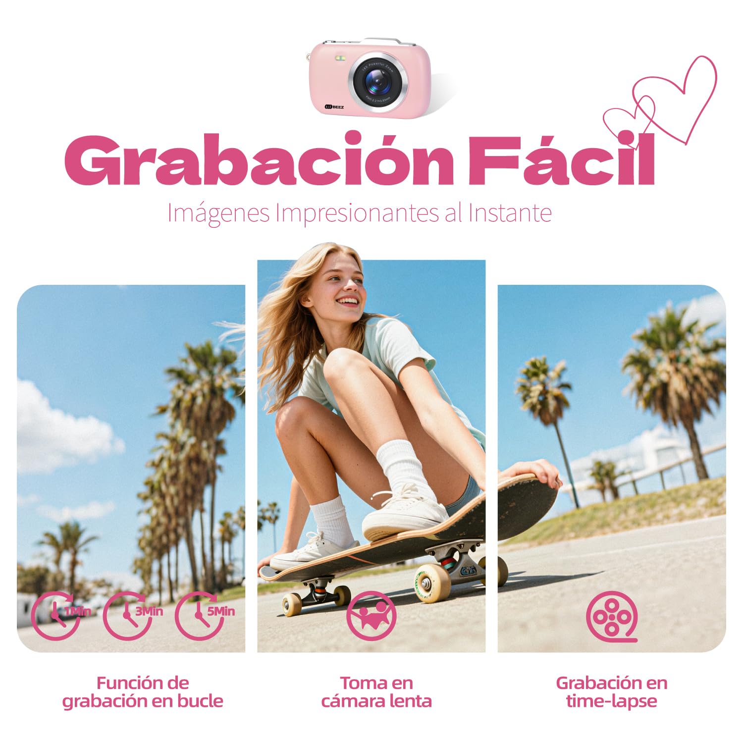 kitBEEZ Cámara Digital 1080P 64MP Vlogging con Tarjeta 32GB, Linda Cámara Digital, Zoom 18X, Anti-Shake y Disparo Continuo, Camara Fotografica Digicam Regalo para Niñas y Niños (Rosa)