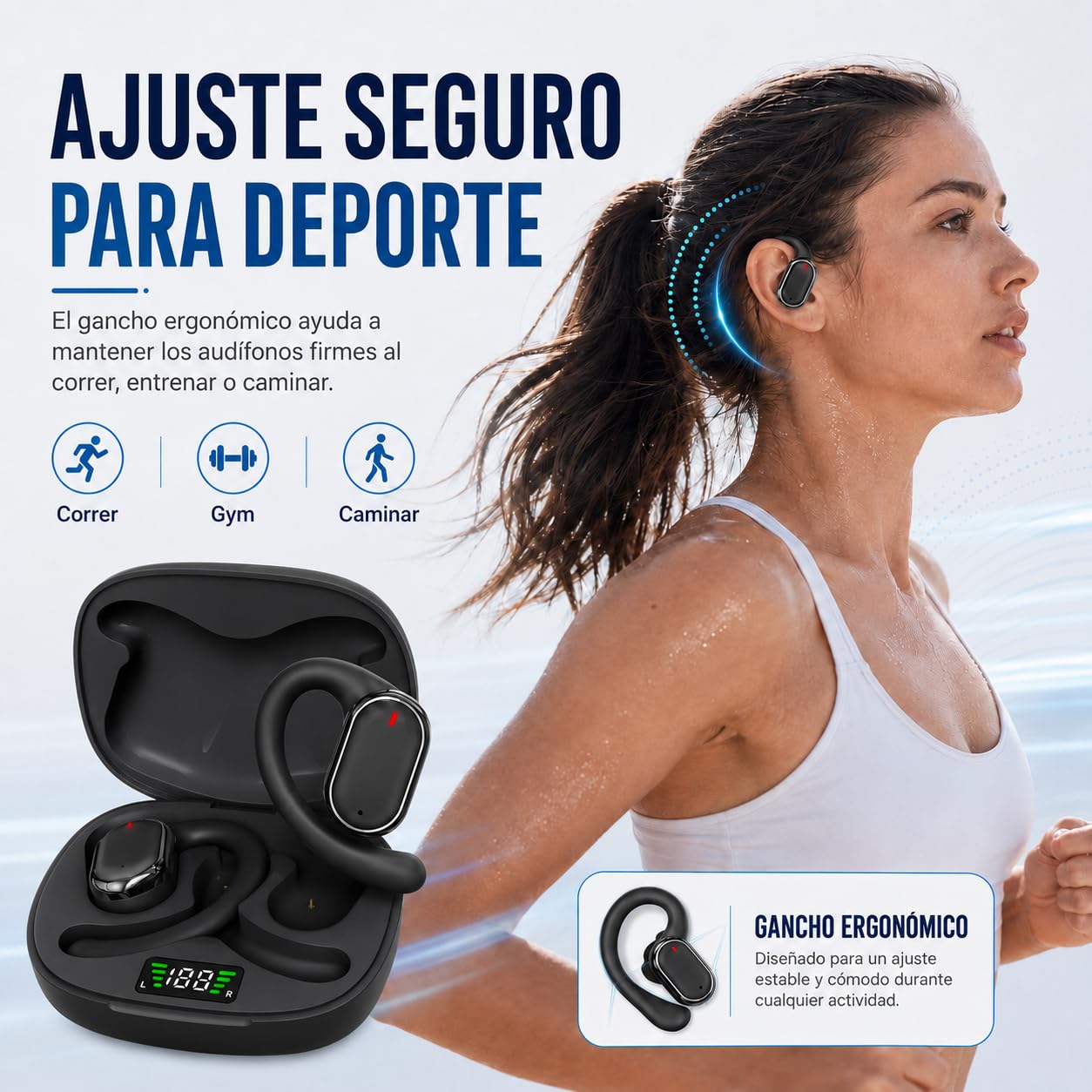 JMHRJKL Oído Abierto Audífonos Bluetooth 5.3, Audífonos Inalámbricos Deportivos, Transmisión de Sonido direccional, Sonido estéreo panorámico, 28 Horas de reproducción, Resistencia al Agua IPX5