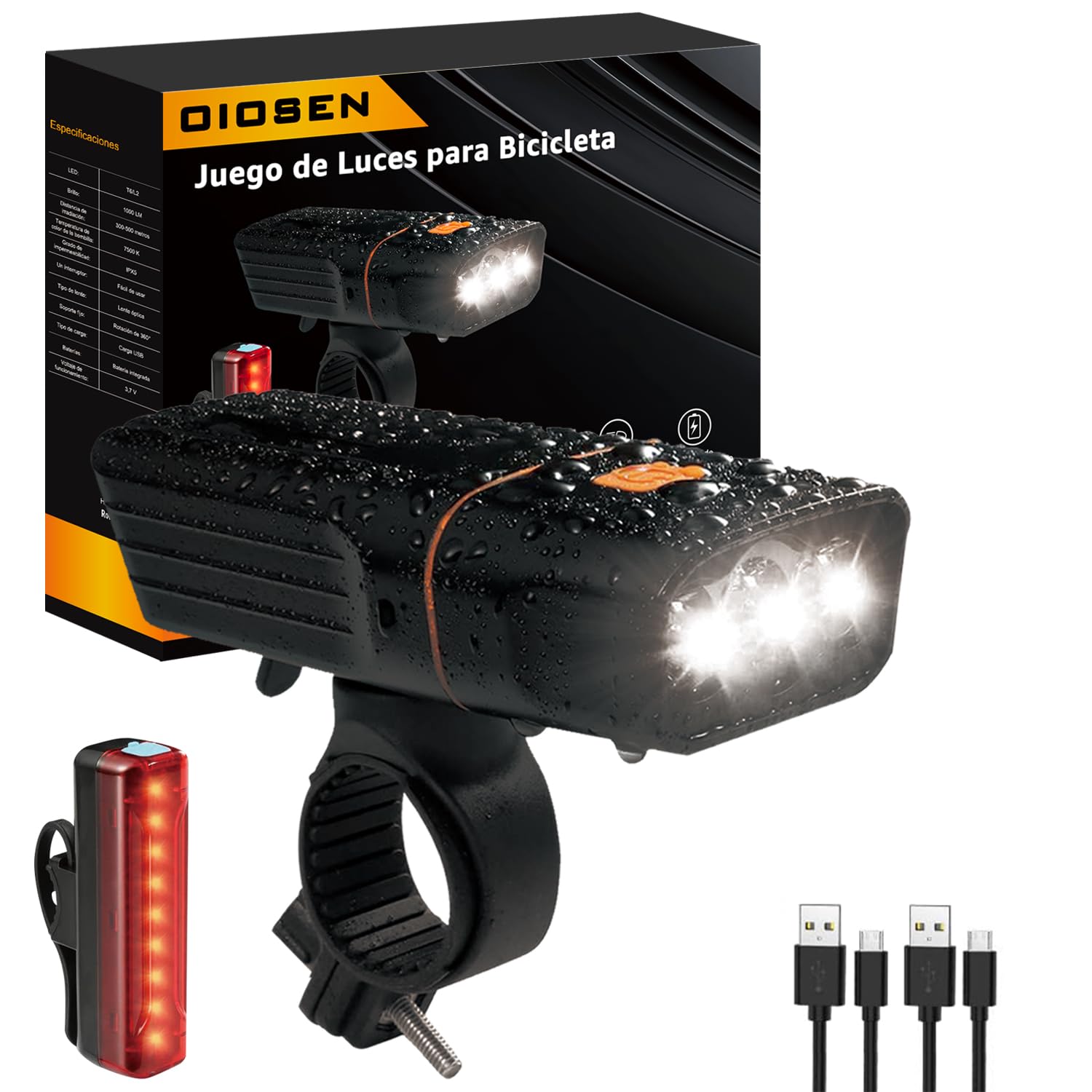 OIOSEN Luces para Bicicleta 1000 LM con Luz Trasera Recargable, Linterna de Seguridad a Prueba de Agua para Ciclismo y Camping Senderismo etc