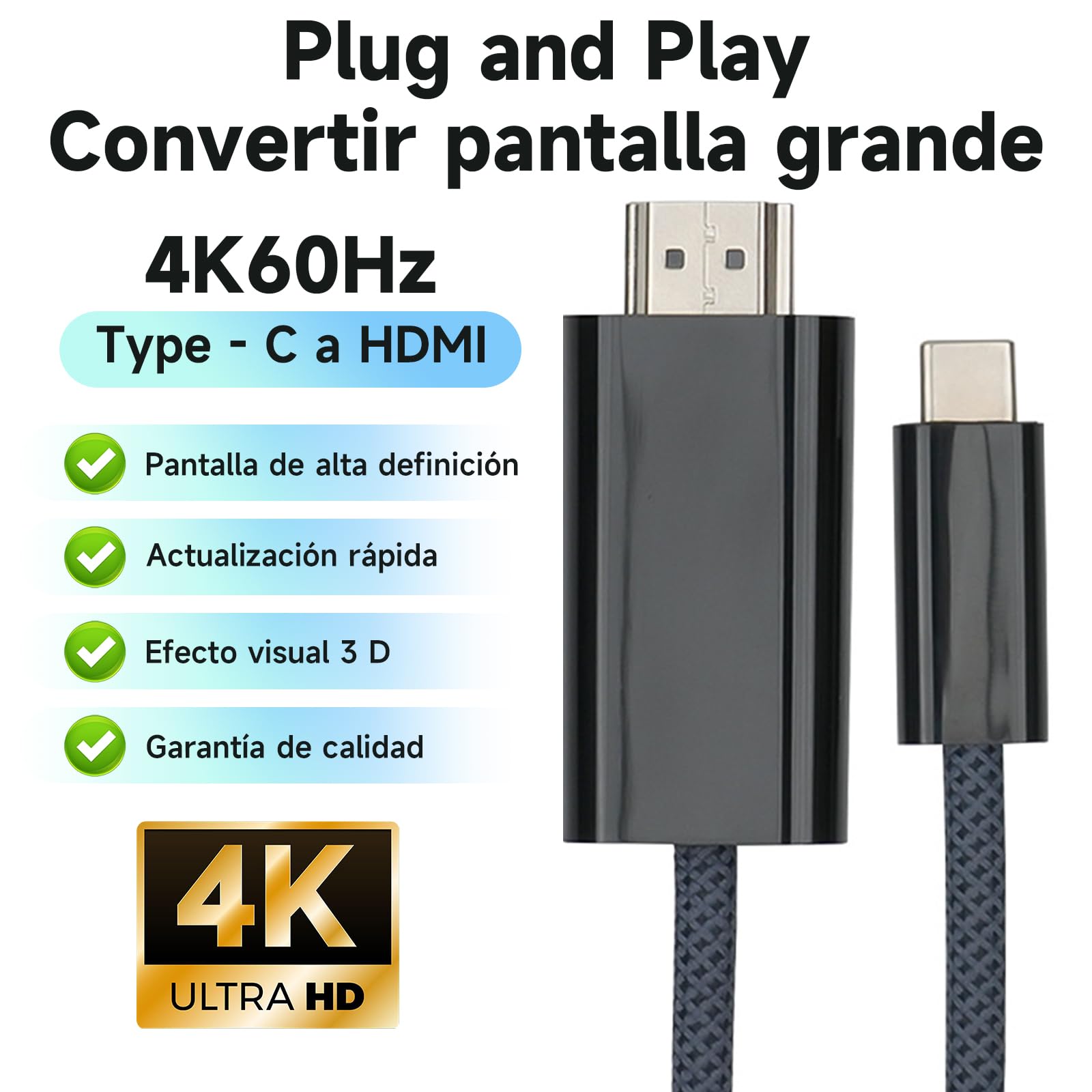 Autbye Cables HDMI, Cable USB C 3.1 a HDMI 1.8M, 4K@30Hz Adaptador Tipo C a HDMI, Compatible con iMac, MacBook, Samsung Galaxy S21 Note 9/8 S8, iPhone 15/15 Plus/15 Pro/ 15 Pro MAX, Huawei, iPad