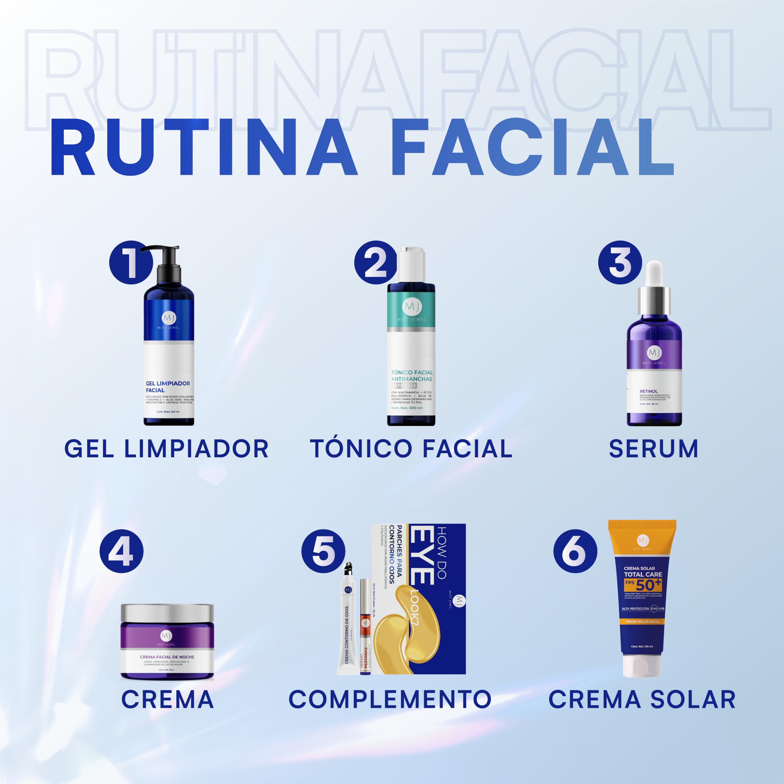 MIST JEWEL Kit de Skincare con 3 Serums Faciales: Vitamina C, Retinol y Ácido Hialurónico + Vitamina E | Rutina de sueros faciales Antiedad, Hidratante, Iluminadora Día y noche (KIT facial complete)