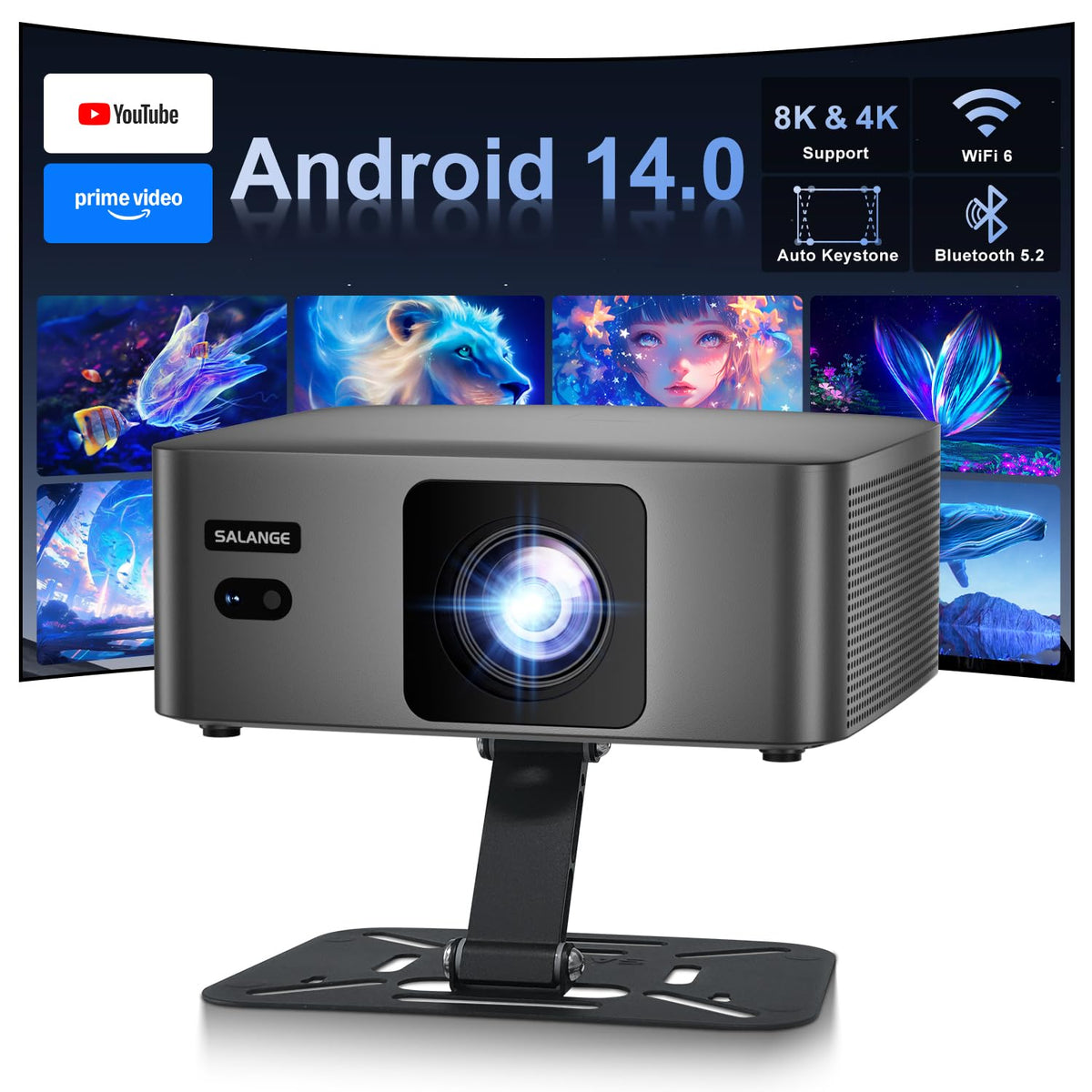 Salange Proyector Portátil, Mini Proyector 4K & 8k, Proyectores Android 14 Inteligente, WiFi 6 y Bluetooth 5.2, Auto Enfoque/Keystone, 1080P FHD Smart Projector para Exterior/Cine en Casa