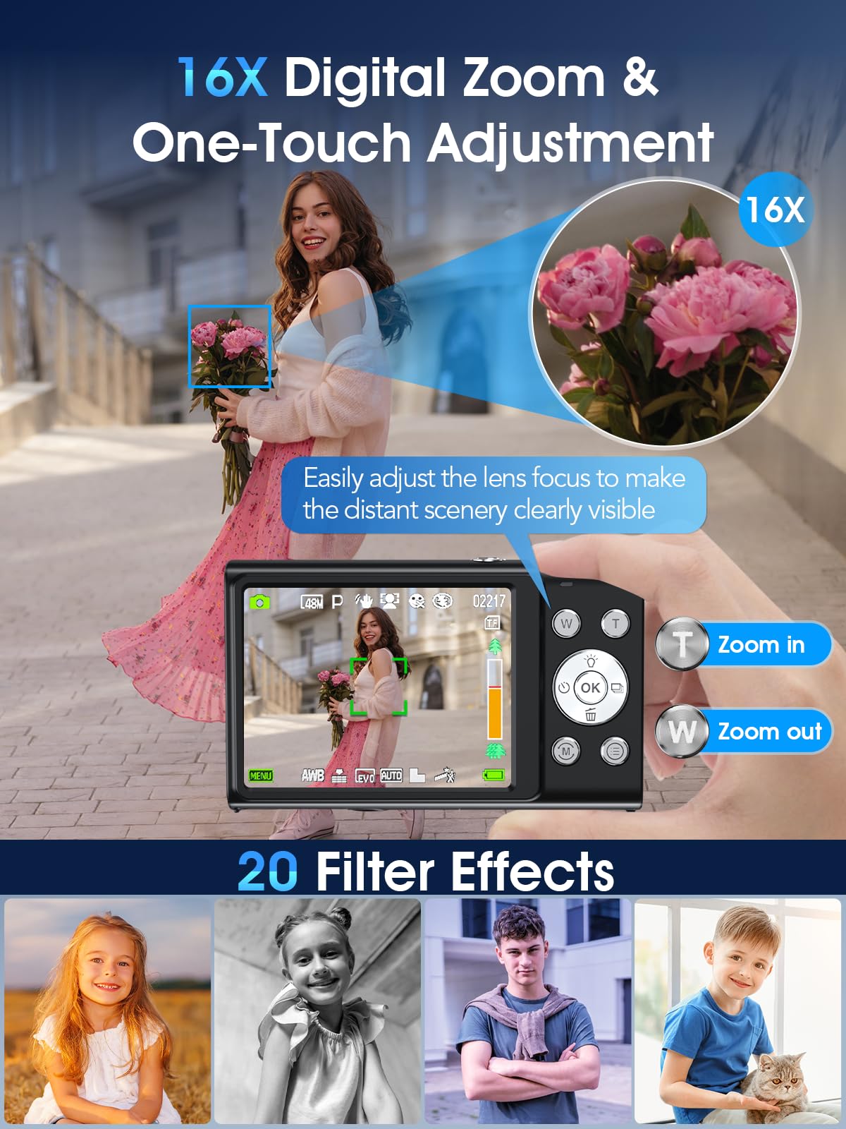 Cámara digital, enfoque automático 4K Vlogging Cámara para fotografía con tarjeta de 32 GB, cámara digital portátil compacta de 48 MP para adolescentes y adultos principiantes con zoom de 16X,