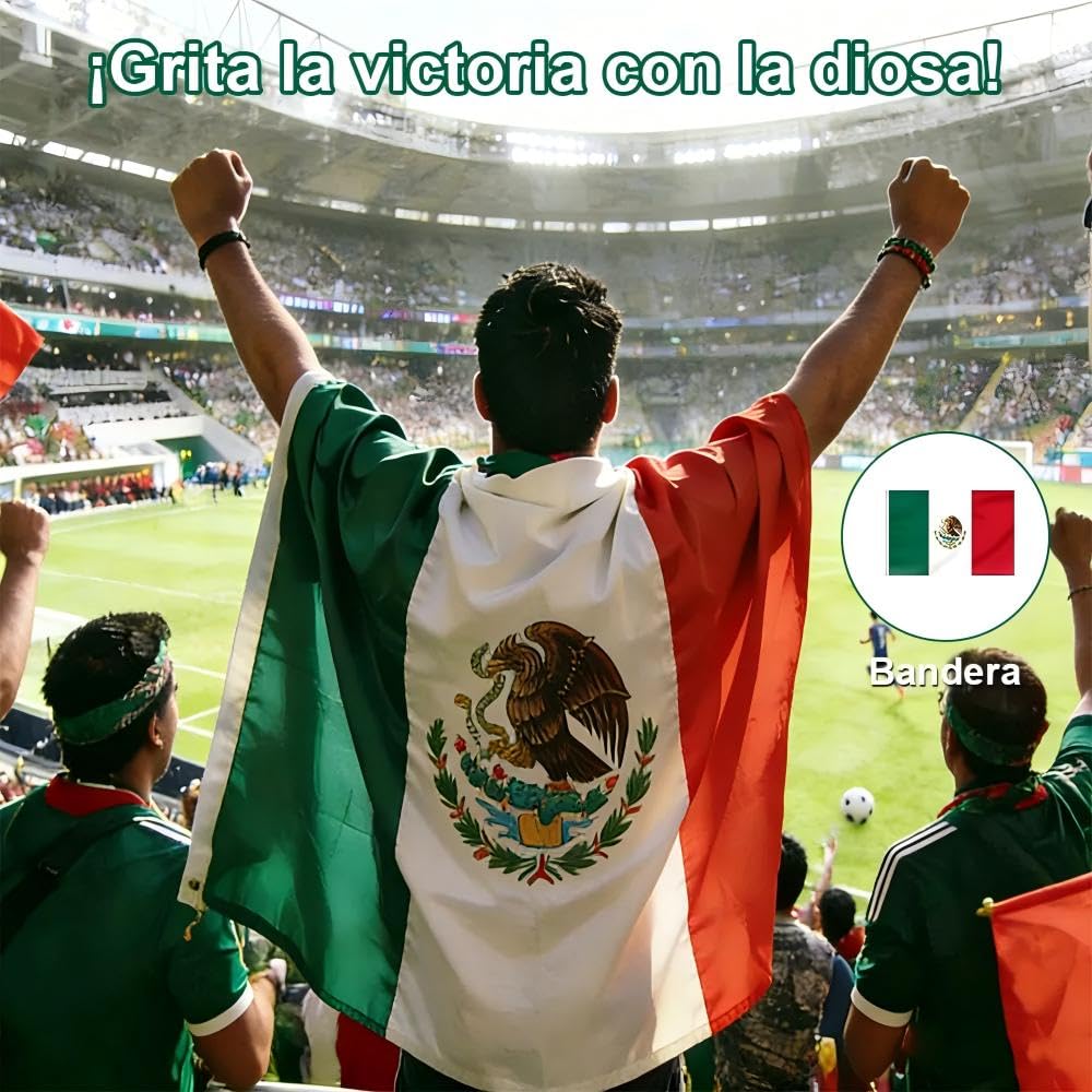 Cyxenova Kit de Animador México 6 en 1 - Incluye Bandera (95 * 64 cm), Bufanda, Matraca Ruidosa, Pintura Facial, Lentes y Pulsera - Accesorios de Fútbol para Celebración 2026 - Orgullo Mexicano