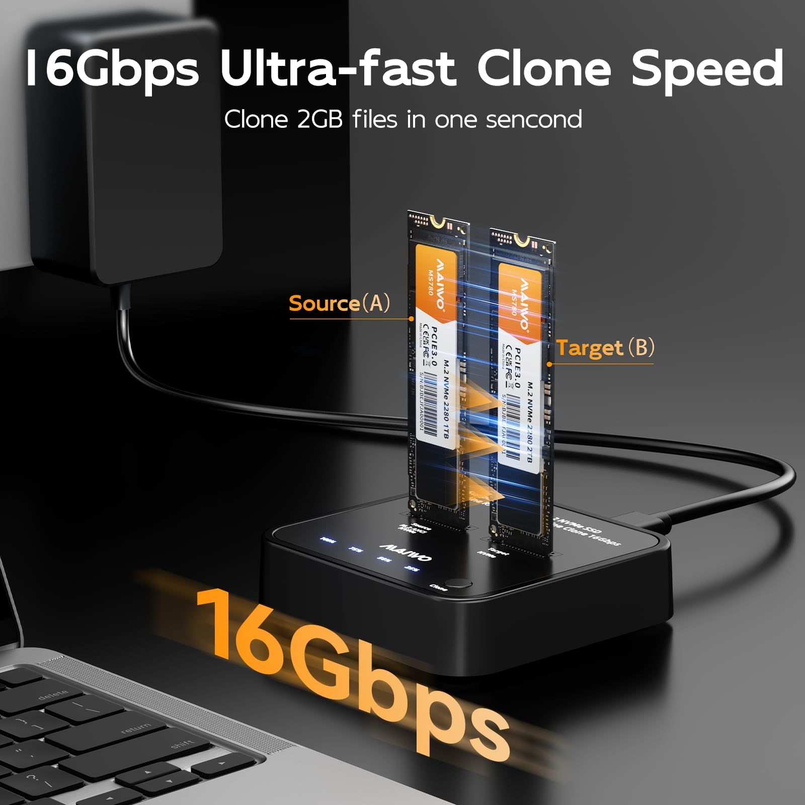 MAIWO Clonador NVMe Duplicador M.2 para PCIe NVMe M-Key SSD, Velocidad de Clonación de 16Gbps, Acceso a Dos SSD Simultáneamente, Estación de Acoplamiento de Unidades de Disco Duro de Doble Bahía con