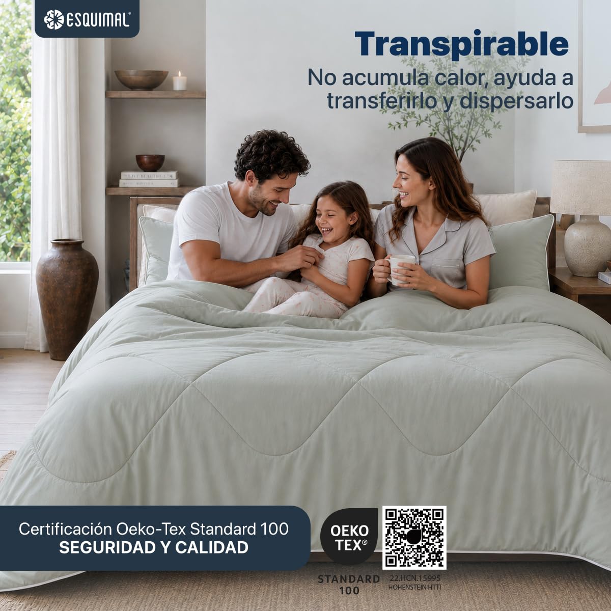 ESQUIMAL Cobija Refrescante FreshTouch + Fundas – Fría al Contacto, Ligera, Ideal para el Calor, Reduce 2-5°C, Certificado Oeko-Tex, Doble Vista (Verde, Matrimonial)