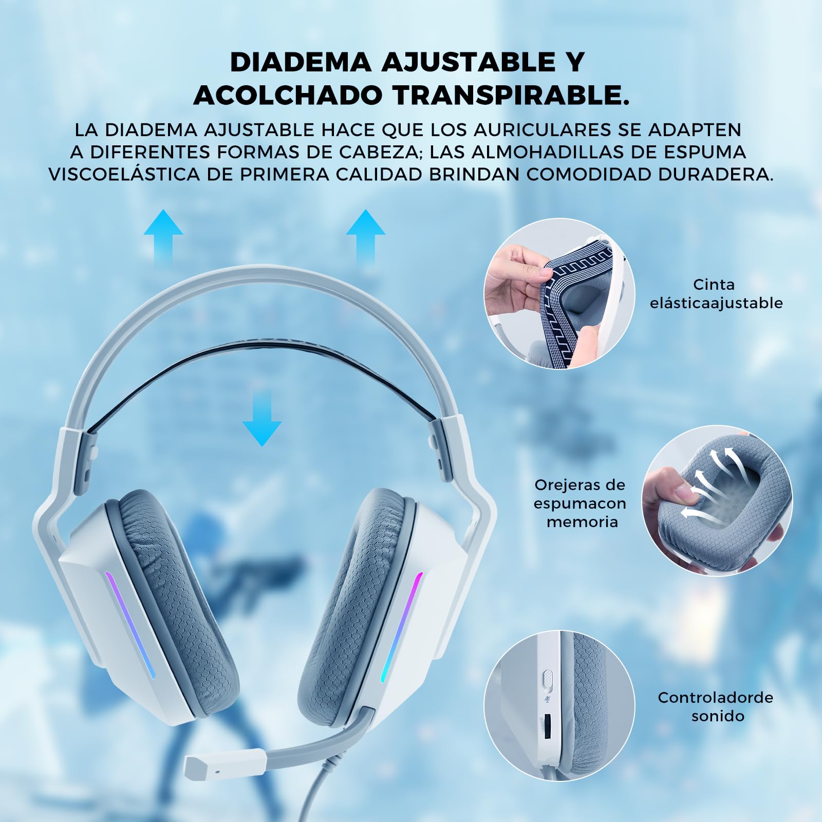 Audífonos de diadema, Audifonos con micronofono, 3.5mm Audio Jack, Almohadillas de espuma viscoelástica para los oídos, Audifonos Alambrico para Nintendo Switch Xbox Series X PS4 PS5 PC Mac, Blanco