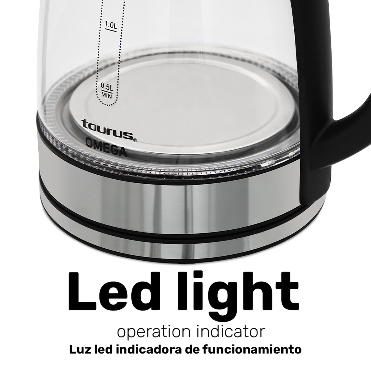 TAURUS OMEGA | Tetera eléctrica de cristal con luz led | Hervidor de agua eléctrico | Electrodomésticos | Jarra inalámbrica |1,8 litros | 65 onzas | Base Removible