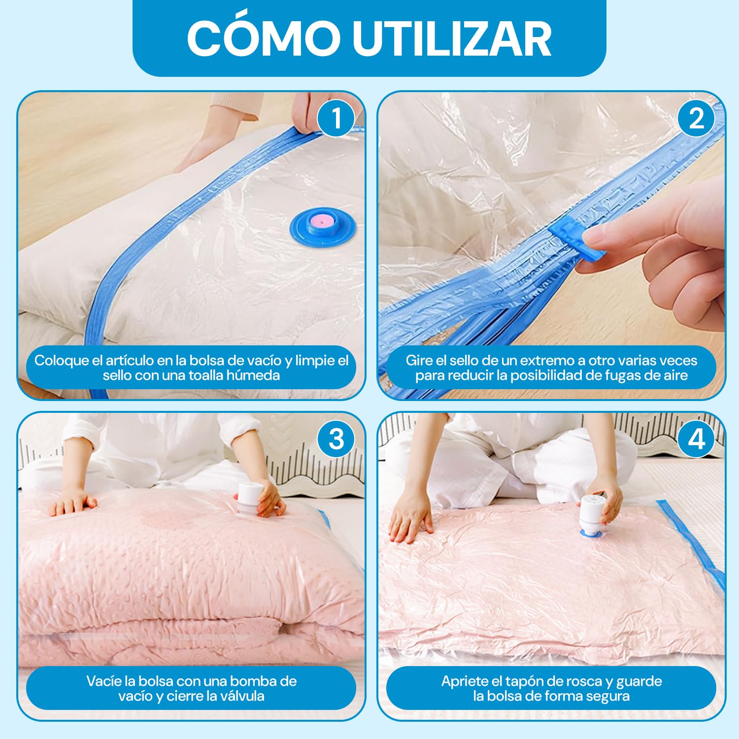 6 Piezas Bolsas de Almacenamiento al Vacío con Bomba Eléctrica, Almacenamiento Reutilizable, Bolsas de Compresión para Ahorrar Espacio 80%, Almacenar Edredones ropa Almohadas Mantas (80 * 120 6 pcs)