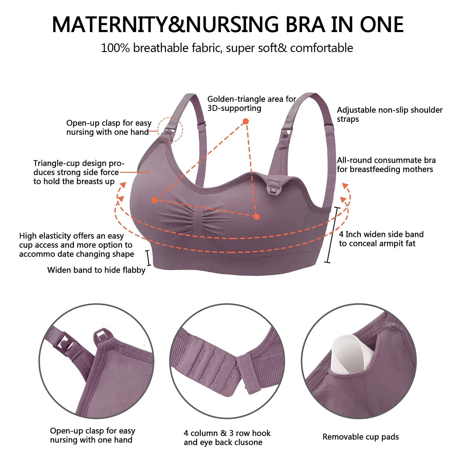 Jasinber Sujetadores Lactancia Maternidad - Cómodos, Ajustables, Transpirables - para Diario, Noche con Extensores, Copas Extraíbles (MX/US, Alfa, Mediano, Regular, Regular, 5, 5 Colors)