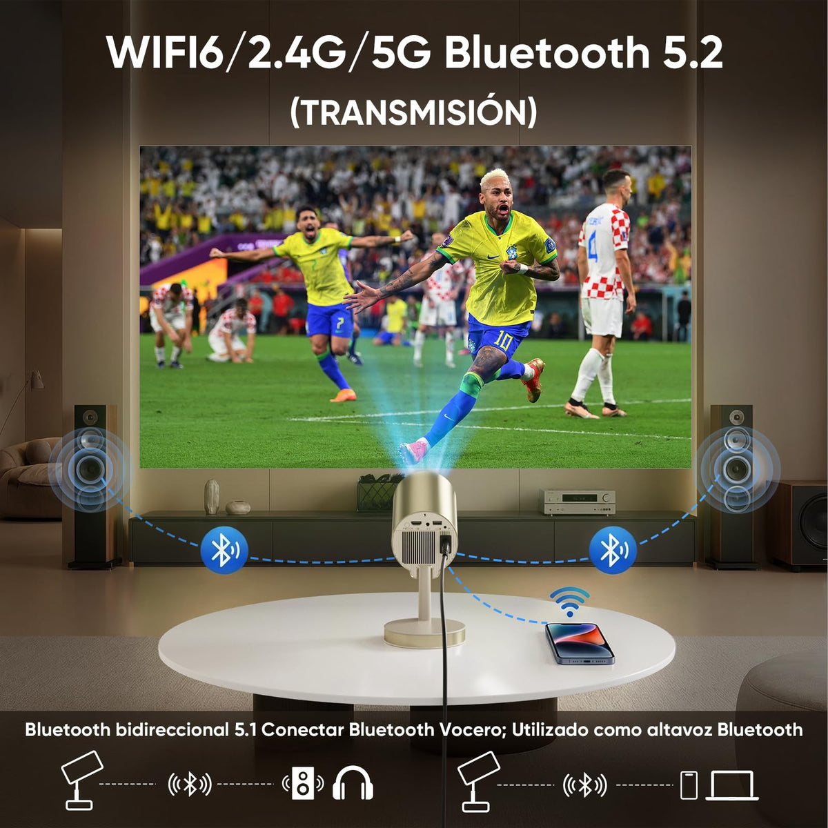Proyector Portátil 4K 300ANSI Apps Retráctil Enfoque Eléctrico Ajuste 90°