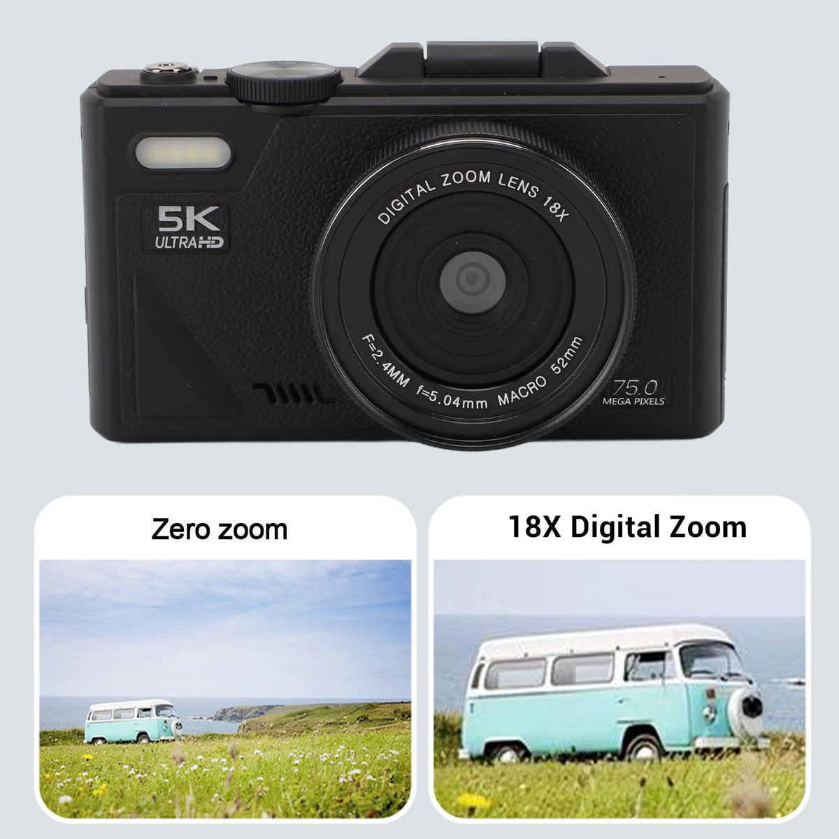 Zopsc Cámara Digital para Fotografía, Cámara de Vlogging sin Espejo de 75MP 5k con 18x óptico Autimate Authocus Anti-Shake 3in 180 ° Pantalla para Fotografía de Viaje (Black)