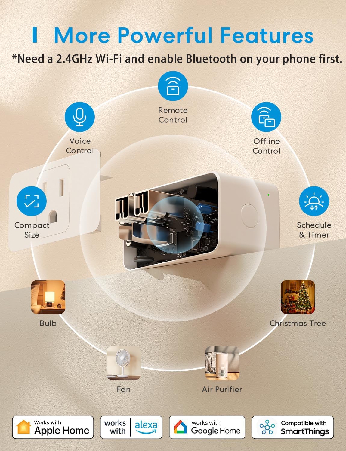 Meross Smart Plug Mini, 16A y WiFi fiable, compatible con Apple HomeKit, Siri, Alexa, Echo, Google Home, Nest Hub y SmartThings, Control de aplicaciones, Temporizador, no necesita concentrador