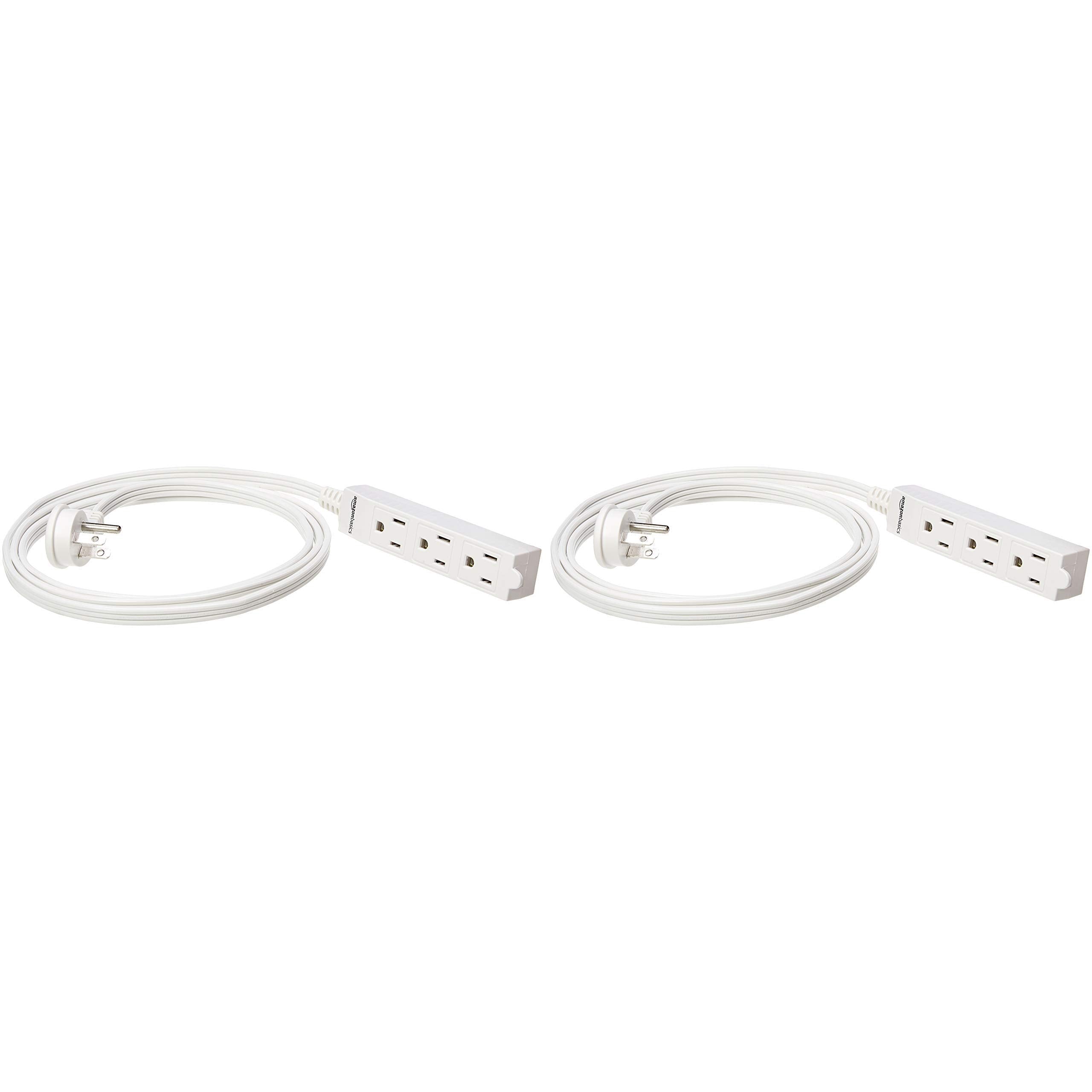 Amazon Basics Regleta rectangular para interiores, cable de extensión de 1.8 m, 3 clavijas, enchufe plano, de conexión a tierra, 13 amperios, 1625 vatios, 125 VCA, paquete de 2, color blanco