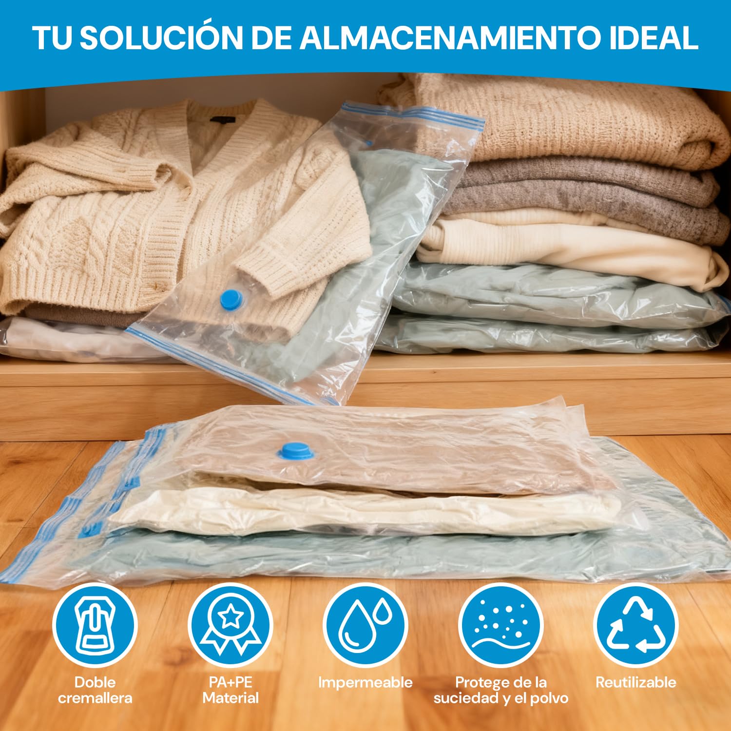 6 Piezas Bolsas de Almacenamiento al Vacío con Bomba Eléctrica, Almacenamiento Reutilizable, Bolsas de Compresión para Ahorrar Espacio 80%, Almacenar Edredones ropa Almohadas Mantas (80 * 120 6 pcs)