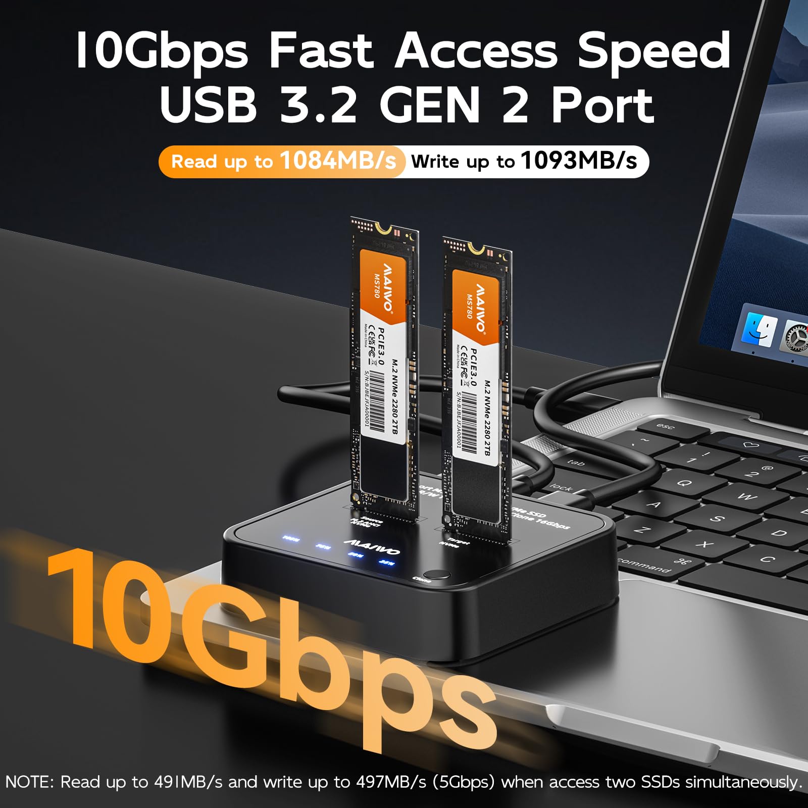 MAIWO Clonador NVMe Duplicador M.2 para PCIe NVMe M-Key SSD, Velocidad de Clonación de 16Gbps, Acceso a Dos SSD Simultáneamente, Estación de Acoplamiento de Unidades de Disco Duro de Doble Bahía con