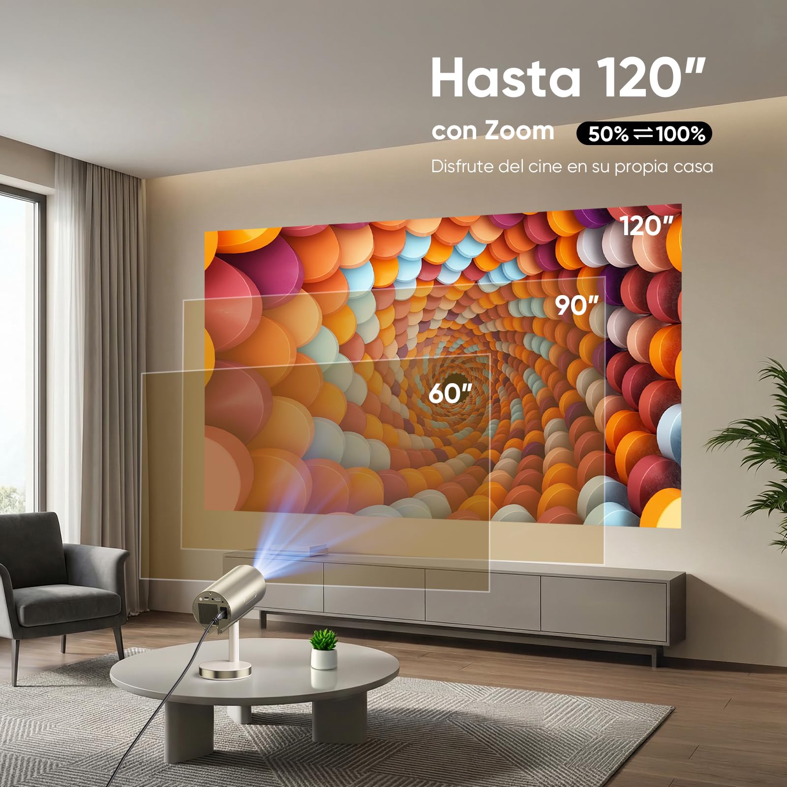 Proyector Portátil 4K 300ANSI Apps Retráctil Enfoque Eléctrico Ajuste 90°