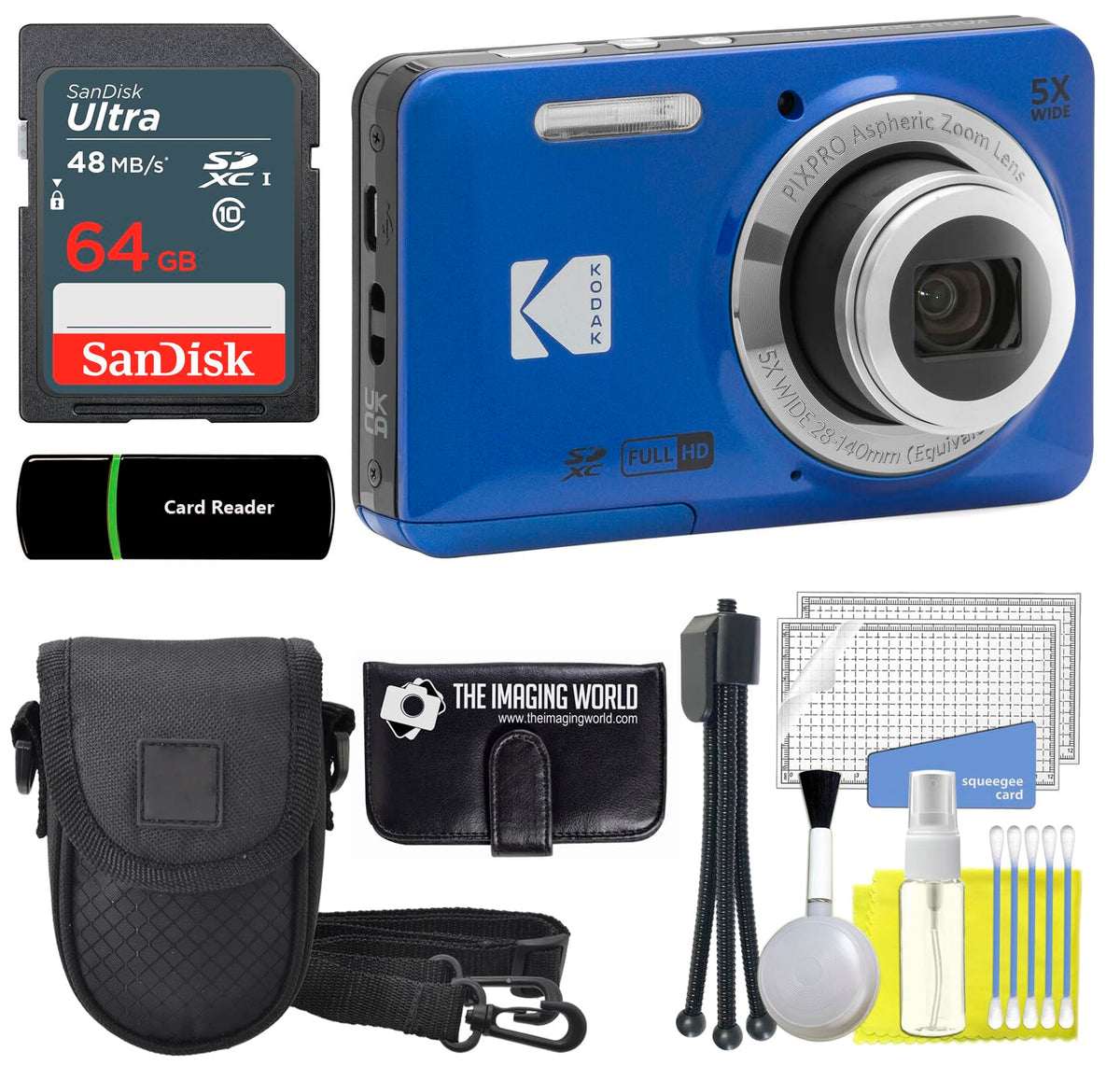 Kodak PIXPRO FZ55 - Cámara digital azul de 16 MP, zoom óptico de 5X, 28 mm, gran angular, 1080P, cámara LCD Full HD de 2,7 pulgadas, tarjeta y lector de 64 GB + funda + portafolios de memoria +