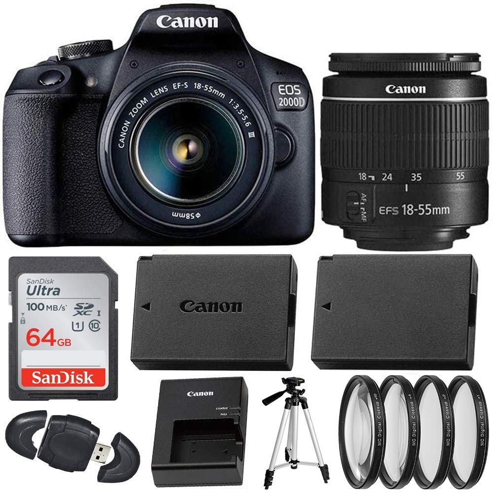 Canon EOS 2000D (Rebel T7) Cámara réflex digital con kit de lentes de 18-55mm DC III (Modelo internacional) Accesorio profesional negro