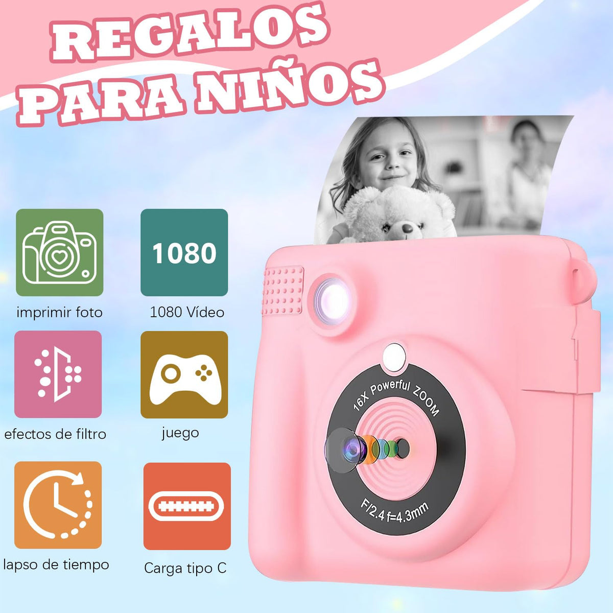 AWCBBT Cámara Instantánea para Niños de 1080P,Camara Fotografica Instanea,Camara Infantiles para Niñas con Tarjeta SD de 32 GB y 5 Vols Papel de Impresión,Cordón de Mano,Cable de Datos USBC(Rosa)
