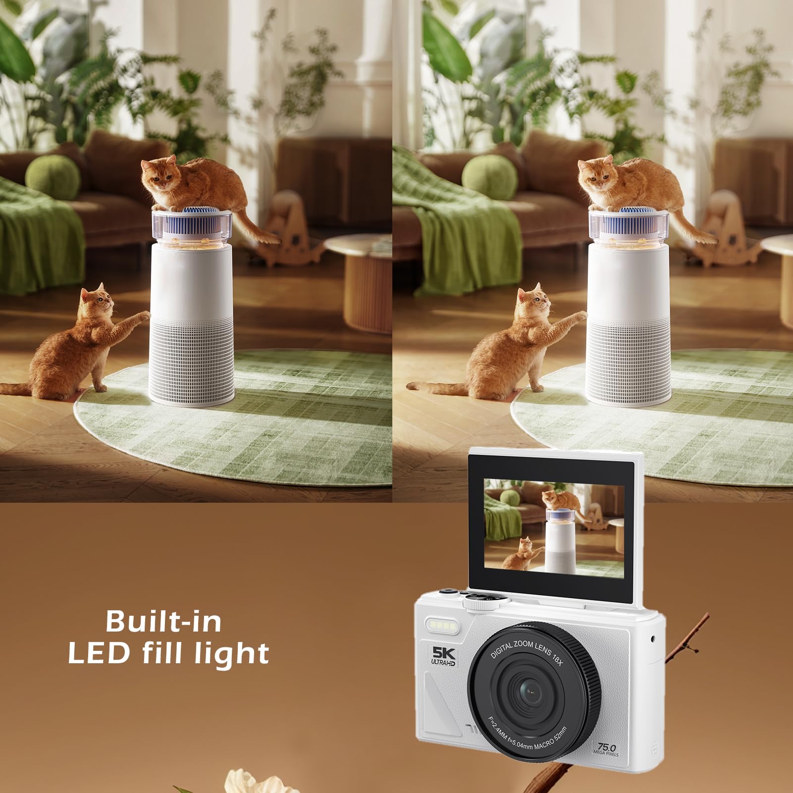 Cámara Digital Retro de 75MP, Cámara de Vlogging Vintage 5K UHD con Zoom de 18X, Enfoque Automático, Pantalla Abatible de 3 Pulgadas para Vlogging de Fotografía de Viajes (Blanco)