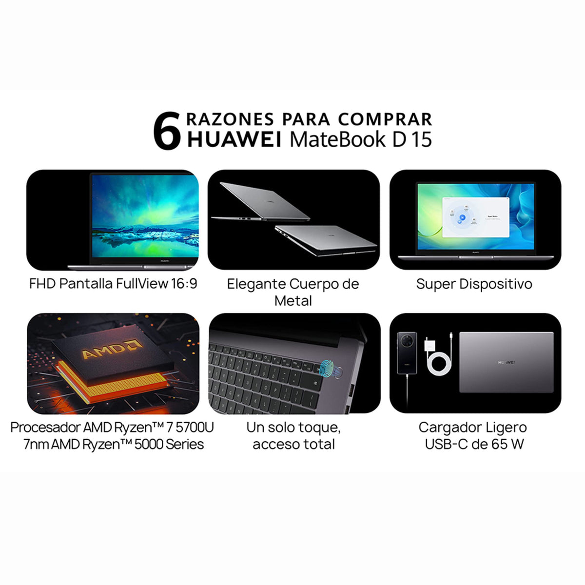 Huawei Laptop MateBook D 15 Ryzen 7 5700U 16GB + 512, 15.6 Pulgadas, Fast Charging 65W, Windows 11 Home