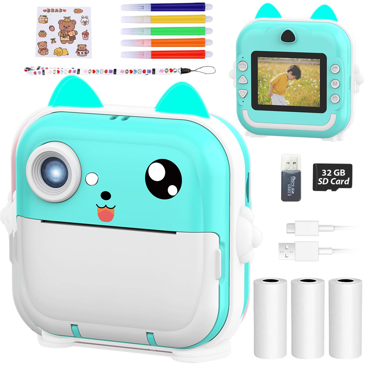 MOCOFLY Cámara Instantánea para Niños, Cámara Digital con Impresora en 1080P, Cámara de Impresión Instantánea para Niñas con Tarjeta SD de 32 GB y Papel para Impresora, con Grabación de Audio y Video