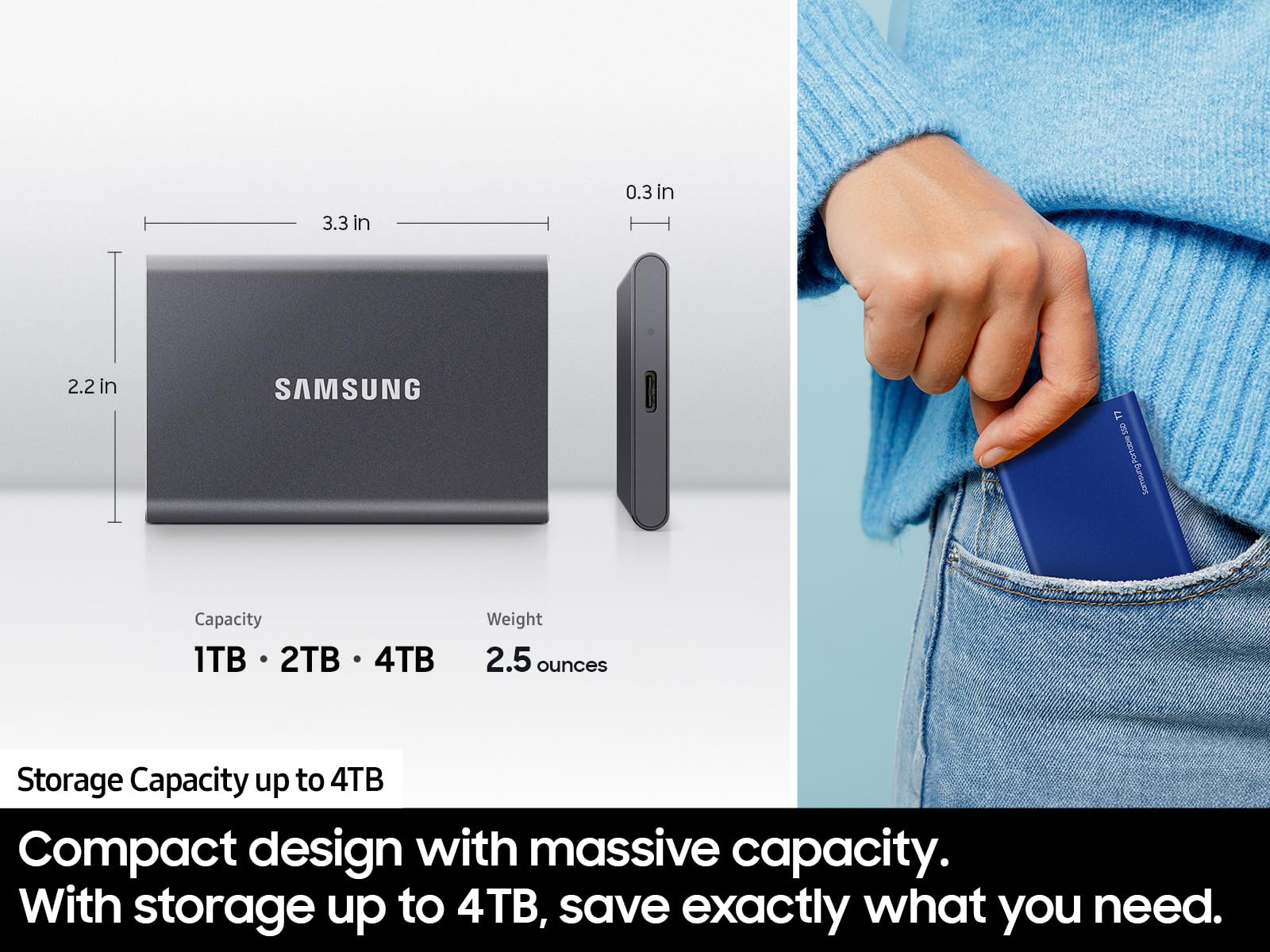 Samsung - SSD portátil T7 de 1 TB – hasta 1050 MB/s – Unidad Externa de Estado sólido USB 3.2, Gris (MU-PC1T0T/AM)