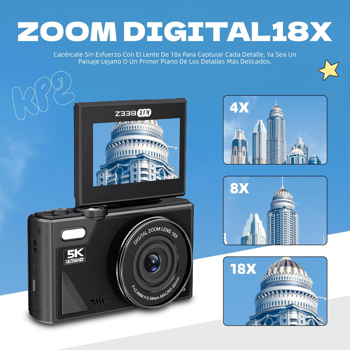 kitBEEZ Cámara Digital 5K Retro WiFi de 75 MP, Zoom de 18X, Pantalla Abatible de 3 Pulgadas, Admite Cámaras Web, Cámara Portátil de Viajes con Tarjeta 32GB SD, Negro