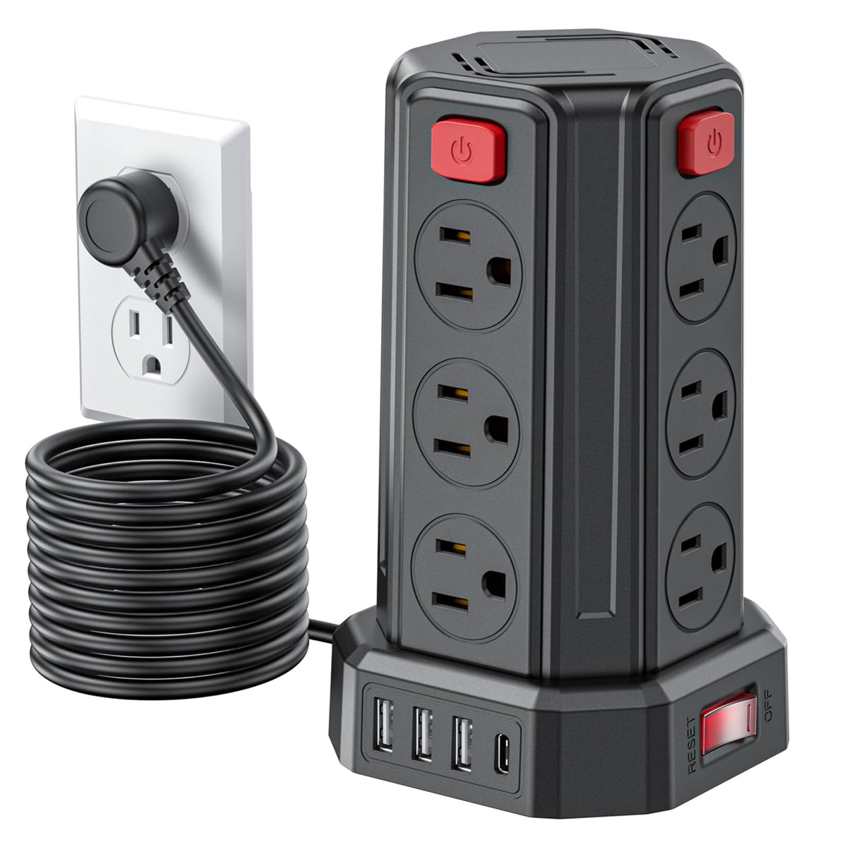 SMALLRT Torre Regleta Multicontacto Pared con USB C, 3.04M Plana Extension Electrica, Extension Multicontacto con 12 Conector Multiple Enchufes y 4 Puertos USB, Hogar Dorm Oficina, Negro