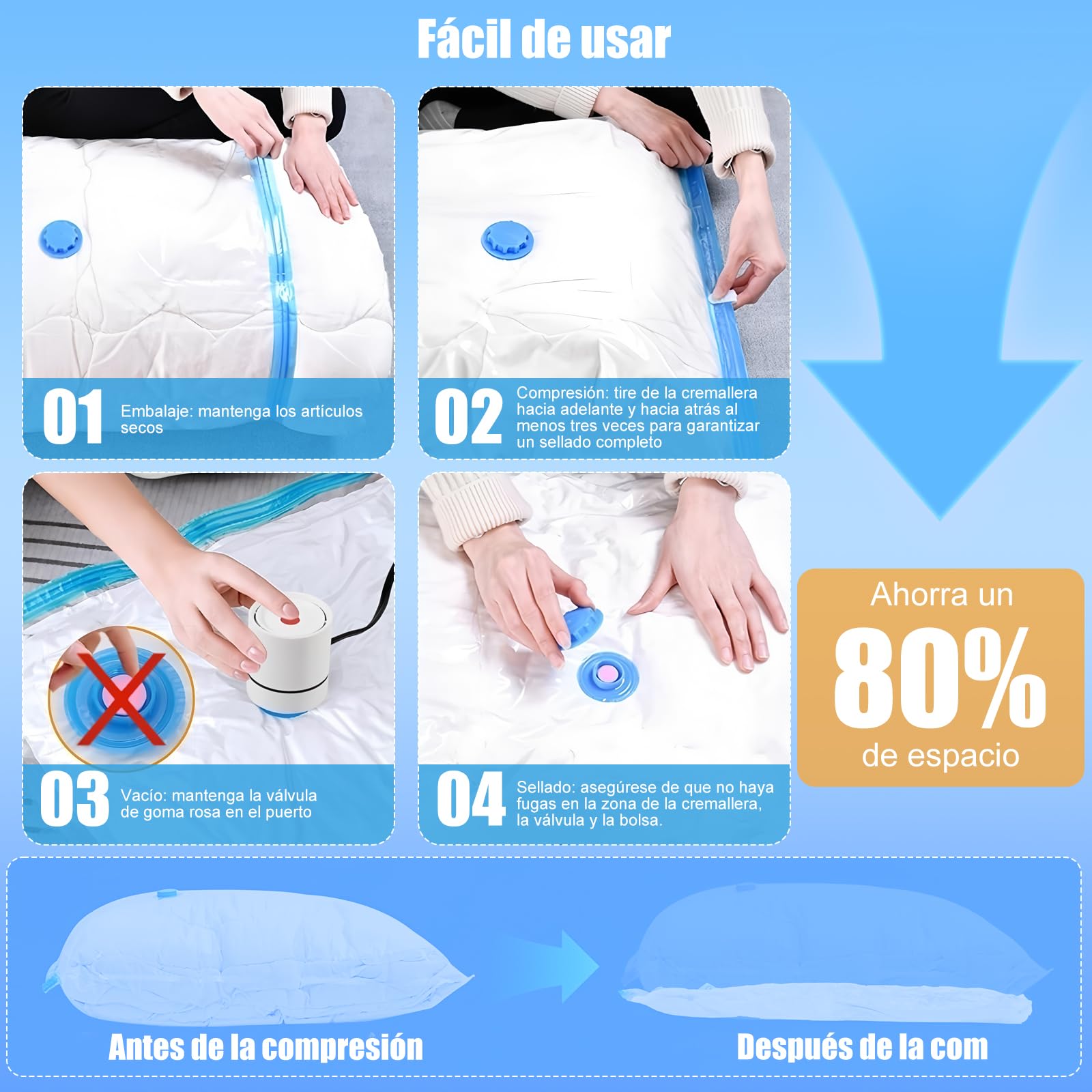 8 PCS Bolsas al Vacio Ropa,con Bomba Eléctrica,Gran Capacidad,Reutilizables,Viajepara Guardar Ropa,Bolsas de Compresión para Viaje,Almohadas,Edredones(PE+PA）