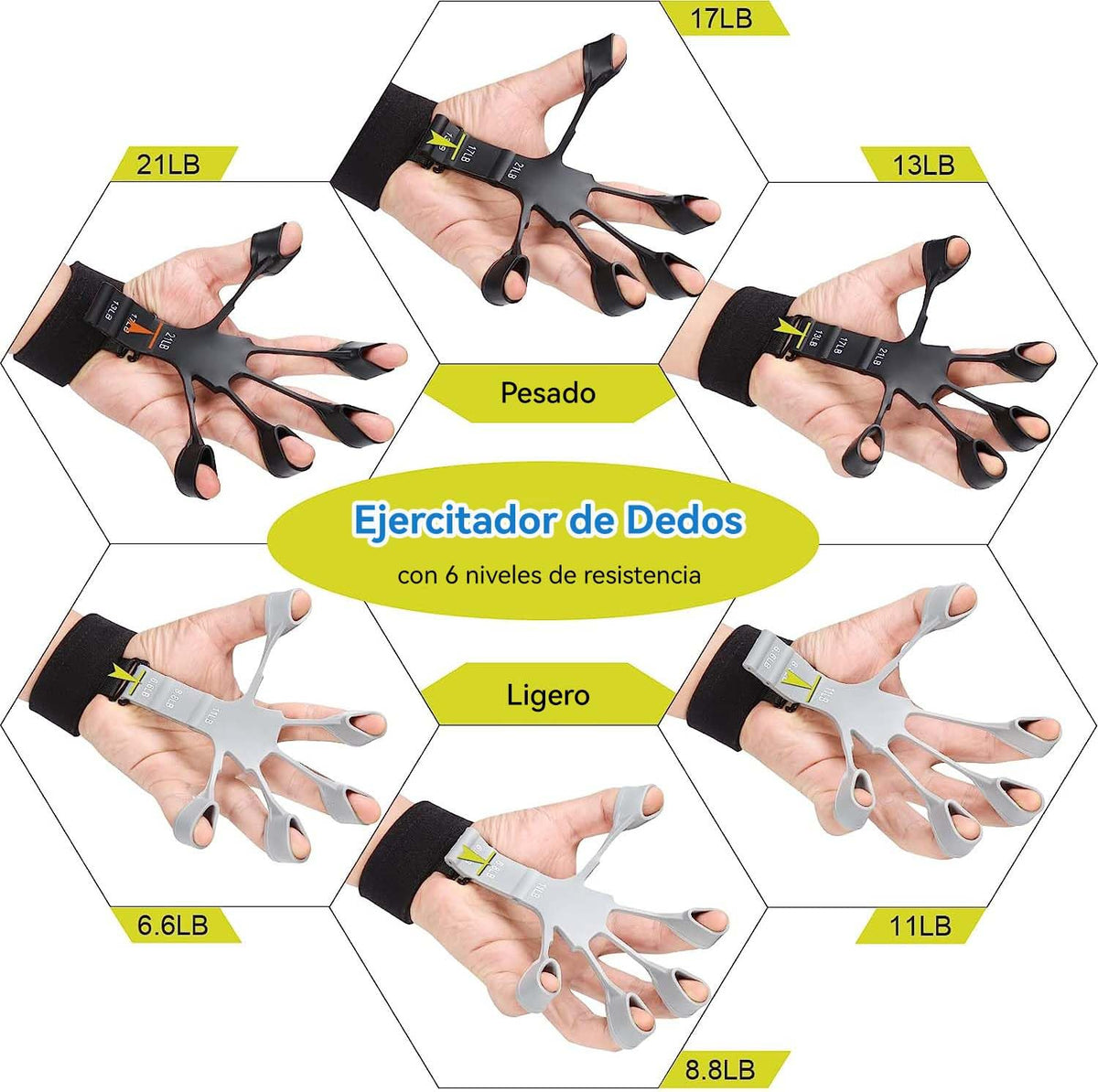 Fortalecedor de Agarre, 5 en 1 Ejercitador de Mano con Fortalecedor de Agarre de Mano,Pelota Antiestrés y Anillo de Entrenamiento de Antebrazo Para la recuperación y el fortalecimiento de las articulaciones de los dedos (Pack de 5)