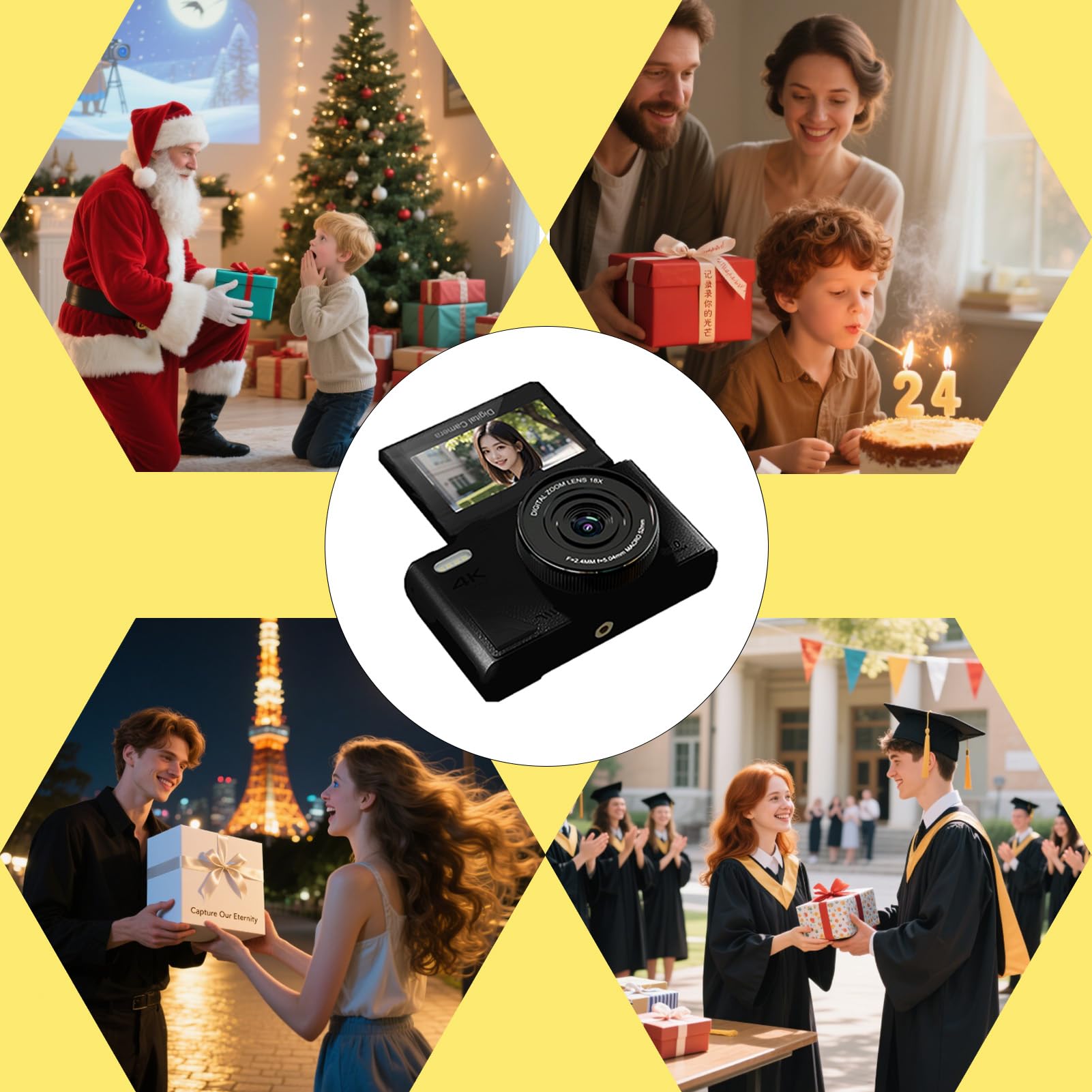 Cámara Digital de 64 MP, Pantalla de 3 Pulgadas, Vídeo 4K, Zoom 18X, Detección de Rostros, Estabilización, Lapso de Tiempo, Cámara Lenta, Recargable, Transmisión en Vivo para