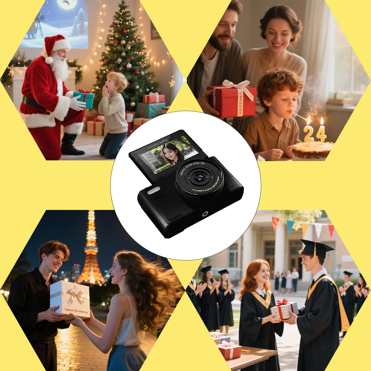 Cámara Digital de 64 MP, Pantalla de 3 Pulgadas, Vídeo 4K, Zoom 18X, Detección de Rostros, Estabilización, Lapso de Tiempo, Cámara Lenta, Recargable, Transmisión en Vivo para