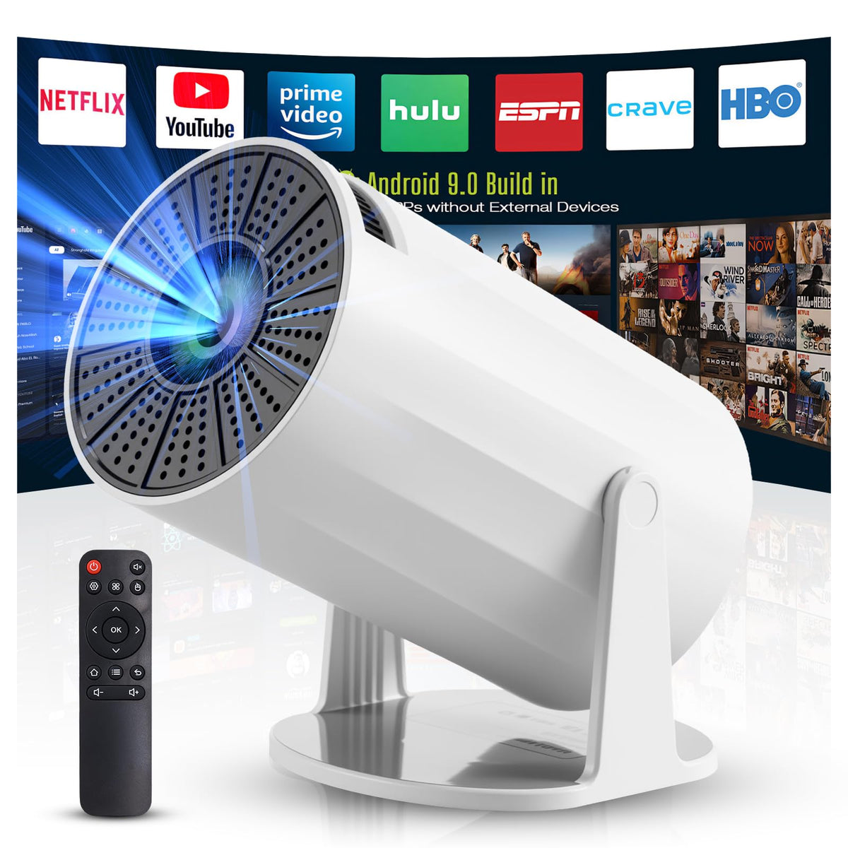 HUSEYTA Proyector, proyector Inteligente 4K/ 150 ANSI con WiFi 6, BT 5.0, Pantalla de 130 Pulgadas, Giro de 180 Grados, Sistema operativo Android Integrado 12.0, Compatible con iOS/Android/PC/PS4/PS5