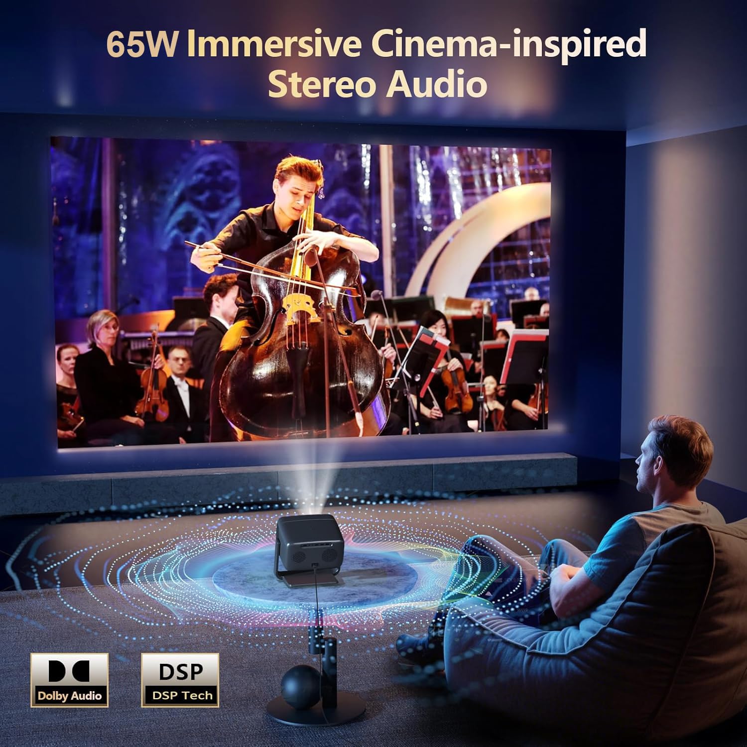 Proyector 4K al Aire Libre [3500 ANSI/ Aplicaciones Oficiales/ Audio de 65W] con WiFi y Bluetooth, Enfoque Automático, Keystone Automático Proyector Inteligente Soporte DoIby Audio, Proyector GO2 de