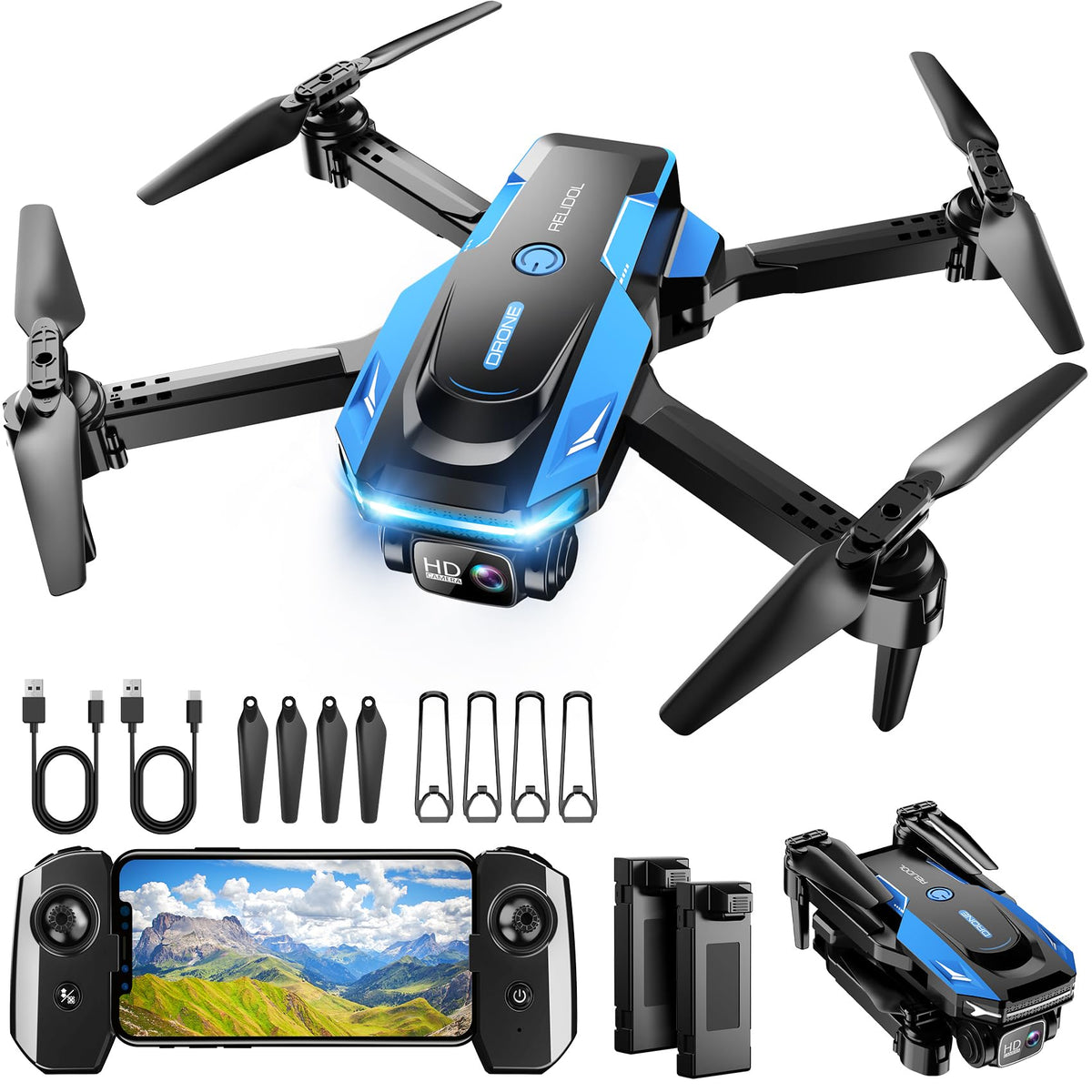 RELIDOL Dron con cámara 1080P - Cuadricóptero de Control Remoto Plegable con Control de Gestos de Voz, Giro 3D, Arranque con una tecla, Parada de Emergencia, 2 baterías, más fácil de Usar, Juguete p