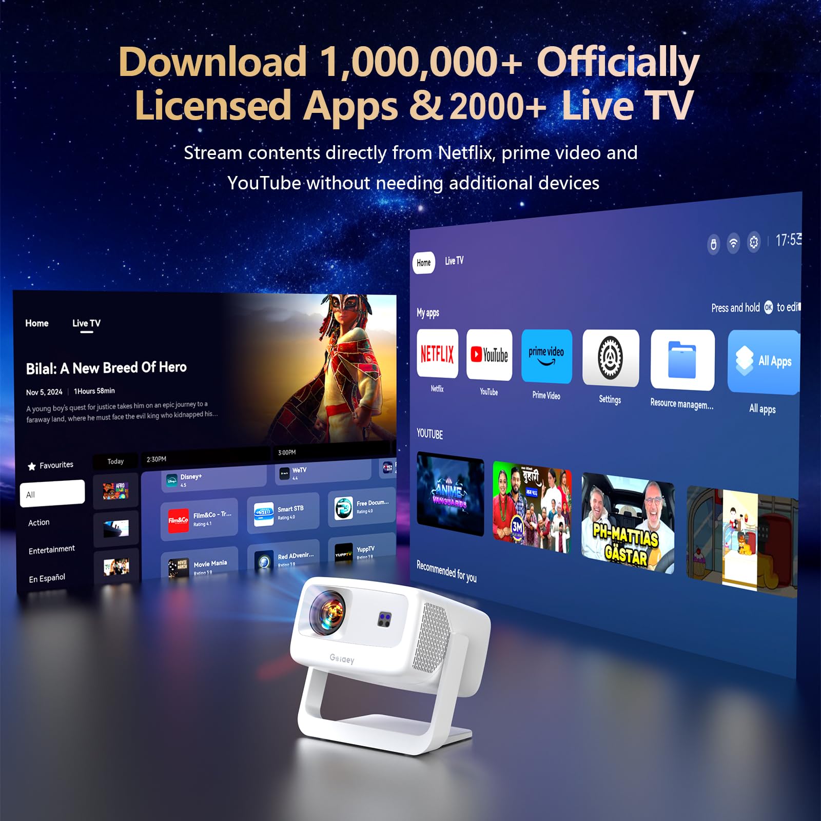 [3500-Ultra Bright/Descargas de aplicaciones oficiales/65W Dolby Audio/Soporte 4K] Proyector inteligente para exteriores con WiFi y Bluetooth, enfoque automático, 2026 actualizado desde el modelo gris