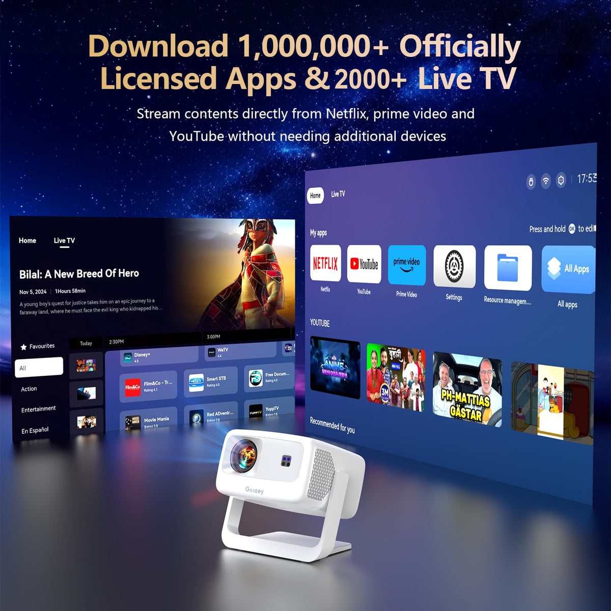 [3500-Ultra Bright/Descargas de aplicaciones oficiales/65W Dolby Audio/Soporte 4K] Proyector inteligente para exteriores con WiFi y Bluetooth, enfoque automático, 2026 actualizado desde el modelo gris