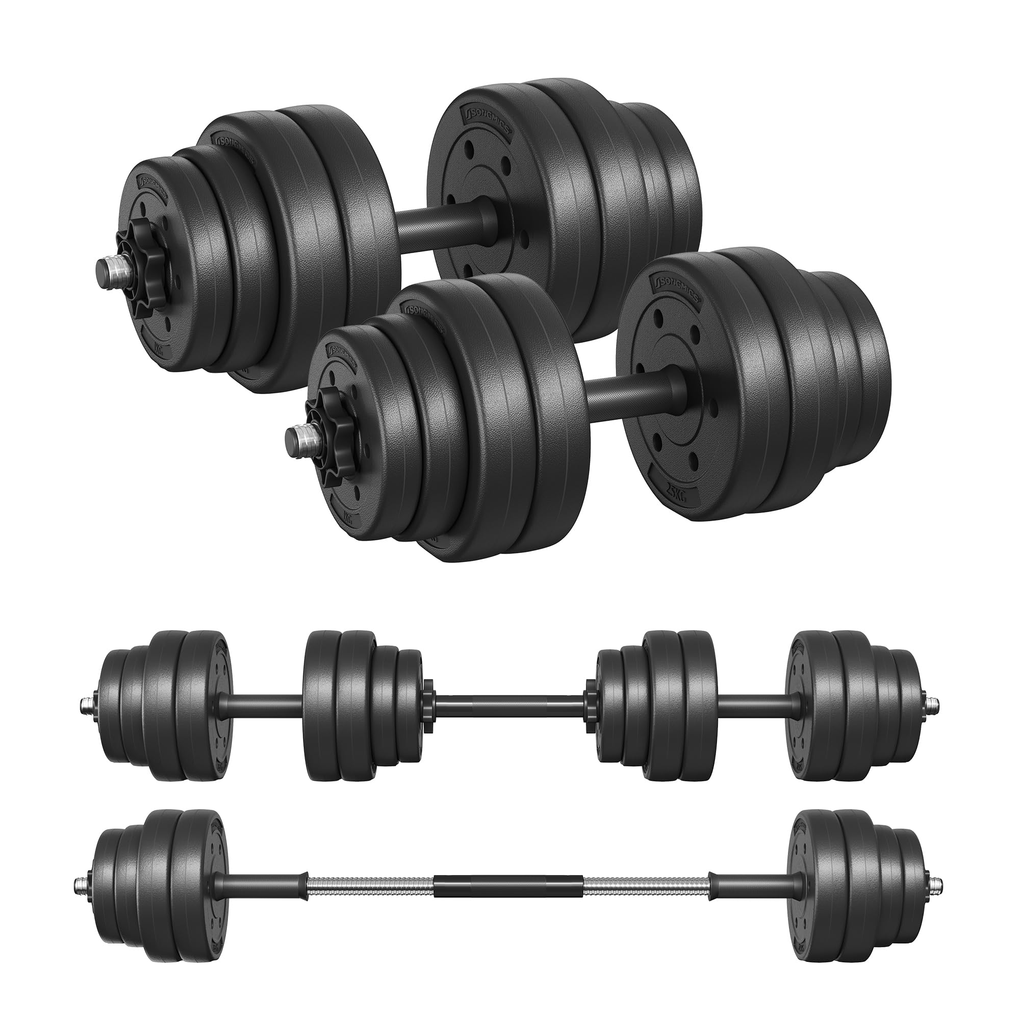 SONGMICS Juego de Mancuernas 2 en 1, Mancuernas Ajustables de 2 x 15 kg, con Barra Adicional, Gimnasio de Casa, Negro Tinta MSYL30HBK