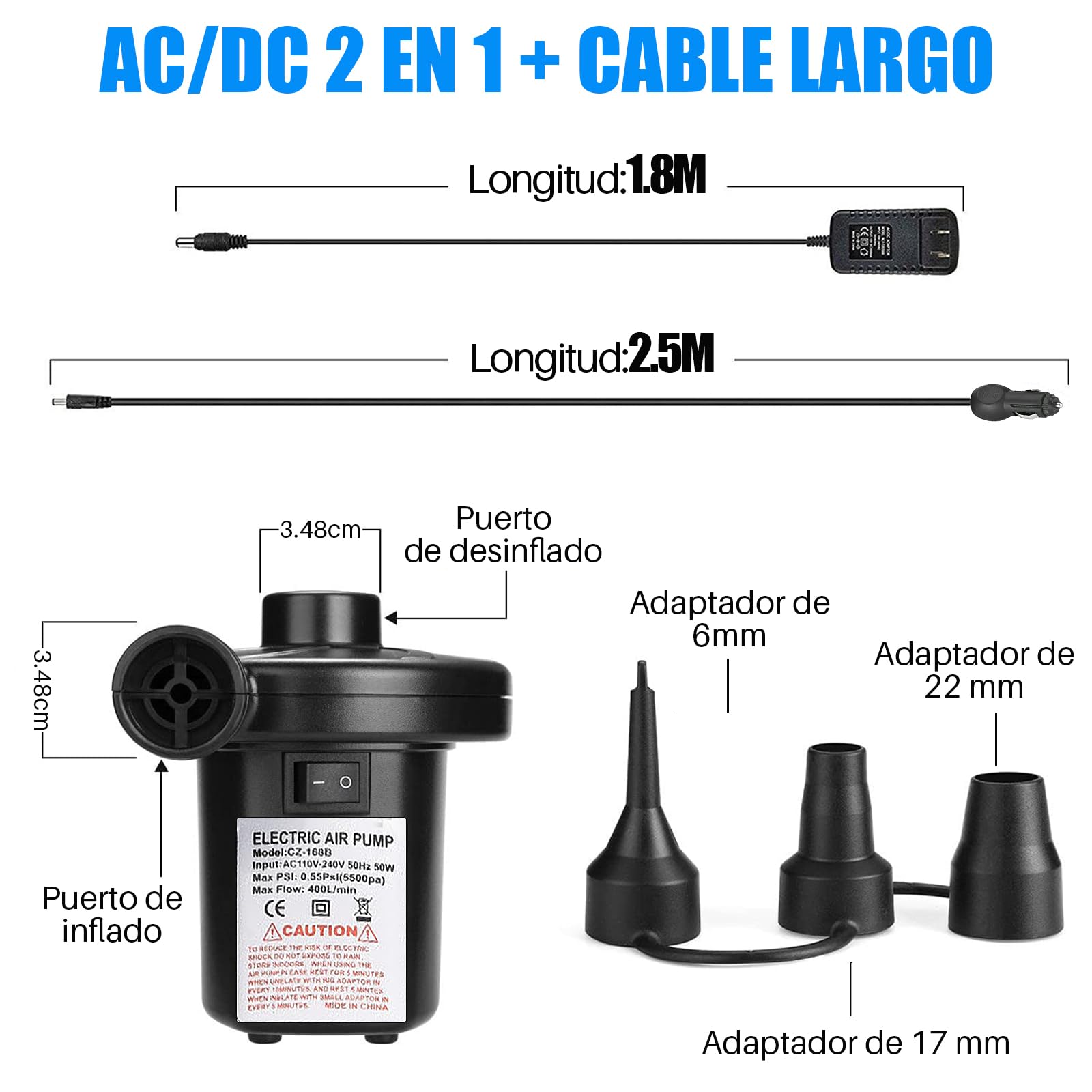 AXIDUN Bomba de Aire Eléctrica, Bomba de Aire Portátil de Llenado Rápido con 3 Boquillas, para Bolsas al Vacío, Colchón Hinchable, Juguetes Hinchable, Viaje a Familia,Camping