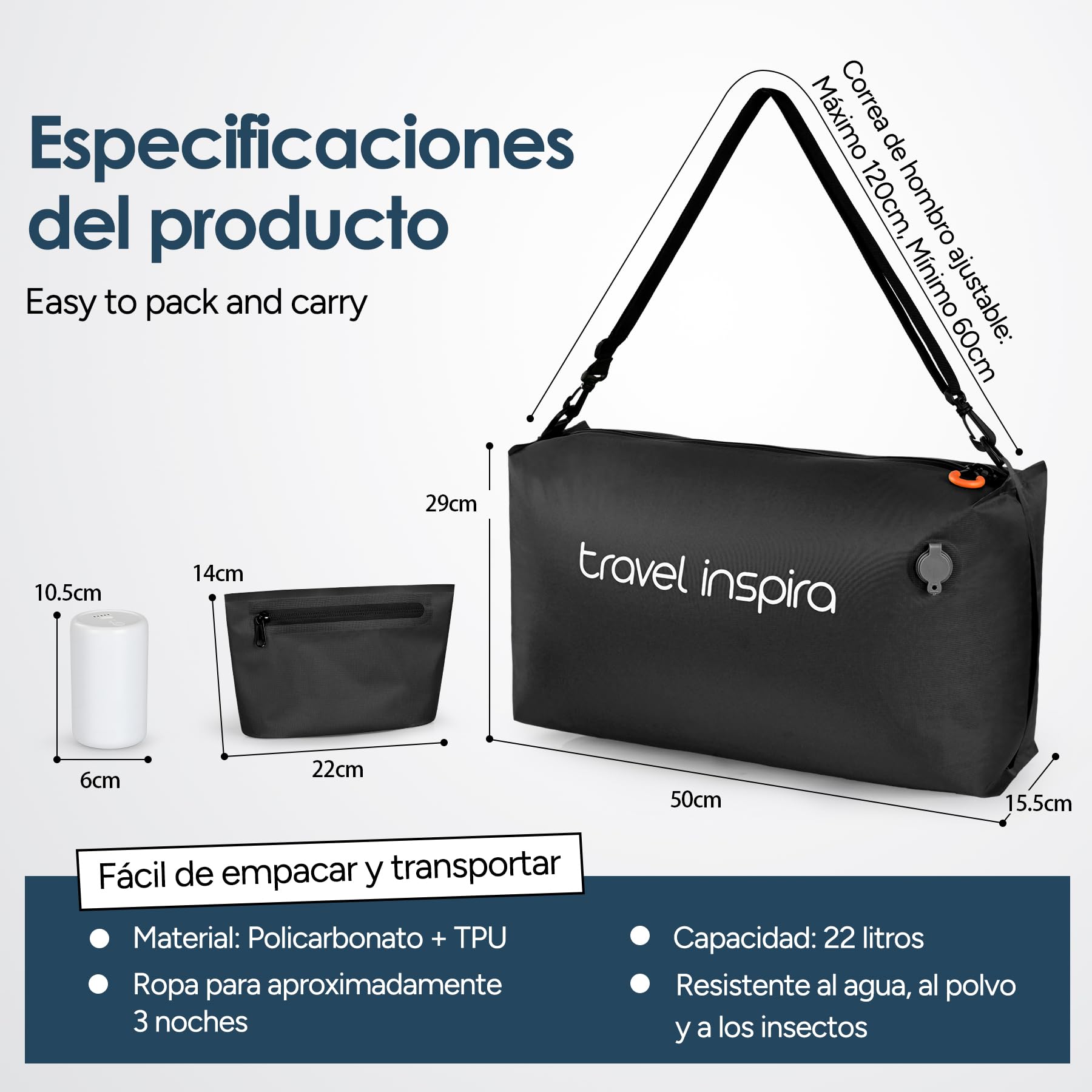 Travel Inspira Set de 2 Bolsas de Vacío para Viaje con Bomba Eléctrica, Organizador 3 en 1 Impermeable IP67 y Correa Ajustable, Ahorra Espacio en Maleta y Mochila, 22L (Negro 2 Pieza + Bomba)
