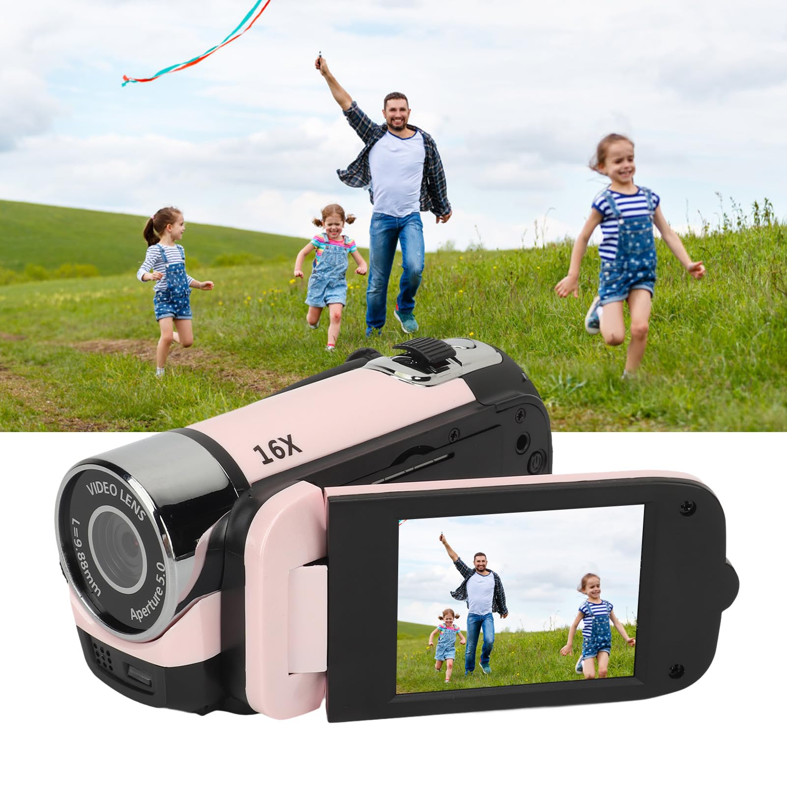 Yunir Cámara Digital, Cámara USB FHD 1080P 16MP con Pantalla Giratoria de 2,4 Pulgadas, Zoom 16X, Luz de Relleno, Antivibración, Grabadora de Vídeo Portátil para Niños y Niñas (Pink)