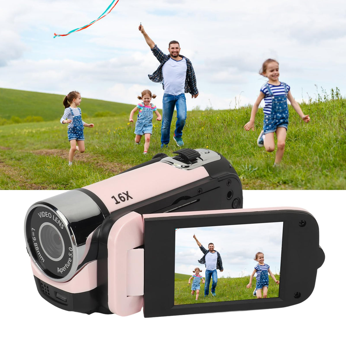 Yunir Cámara Digital, Cámara USB FHD 1080P 16MP con Pantalla Giratoria de 2,4 Pulgadas, Zoom 16X, Luz de Relleno, Antivibración, Grabadora de Vídeo Portátil para Niños y Niñas (Pink)