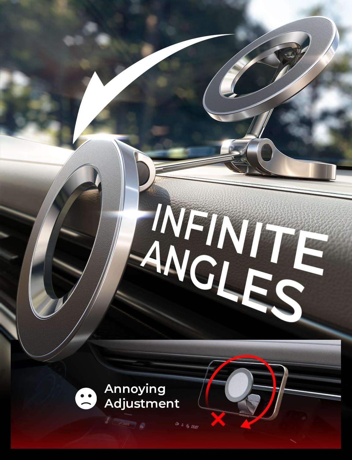 LISEN Soporte para Celular Automóvil Magsafe, 24 Imanes 360° Giratorio Base para Celular Porta Telefono Automovil Compatible con iPhone 16 15 Pro MAX 14 13 y Otros Dispositivos con Anillo Magnético